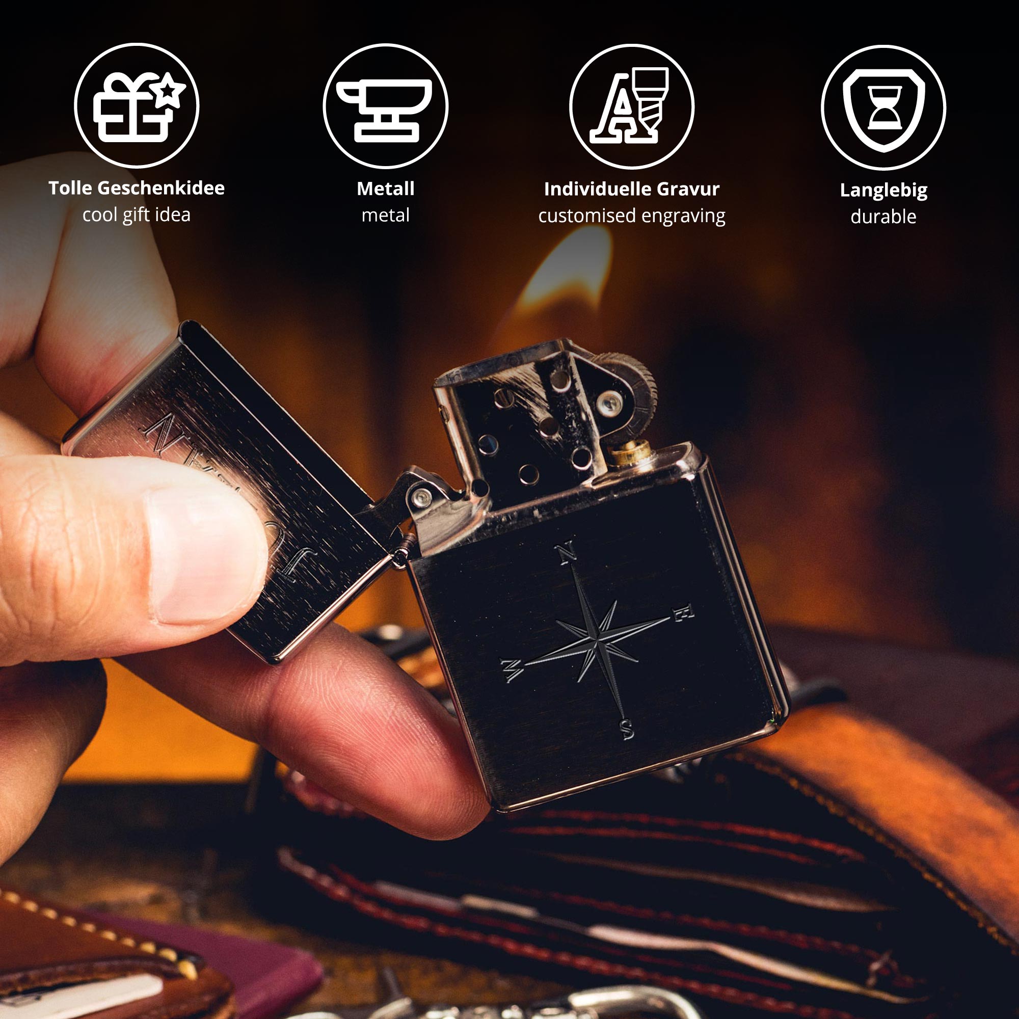 Zippo Sturmfeuerzeug mit Kompass Gravur - Name