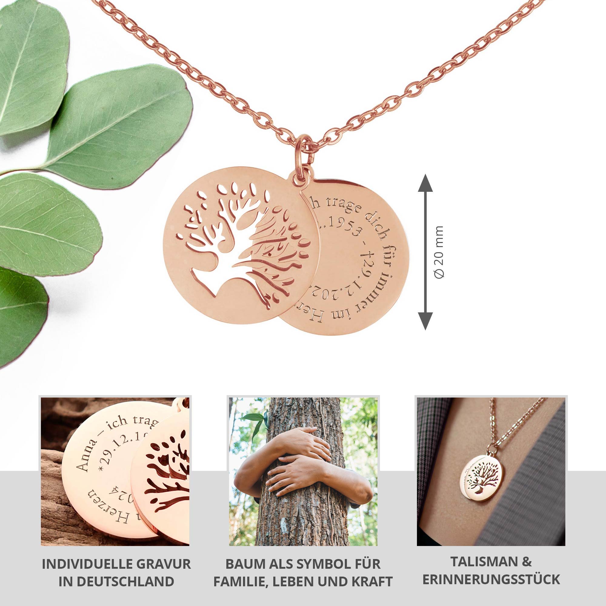 Kette Roségold mit Gravur und 2 Anhängern - Lebensbaum