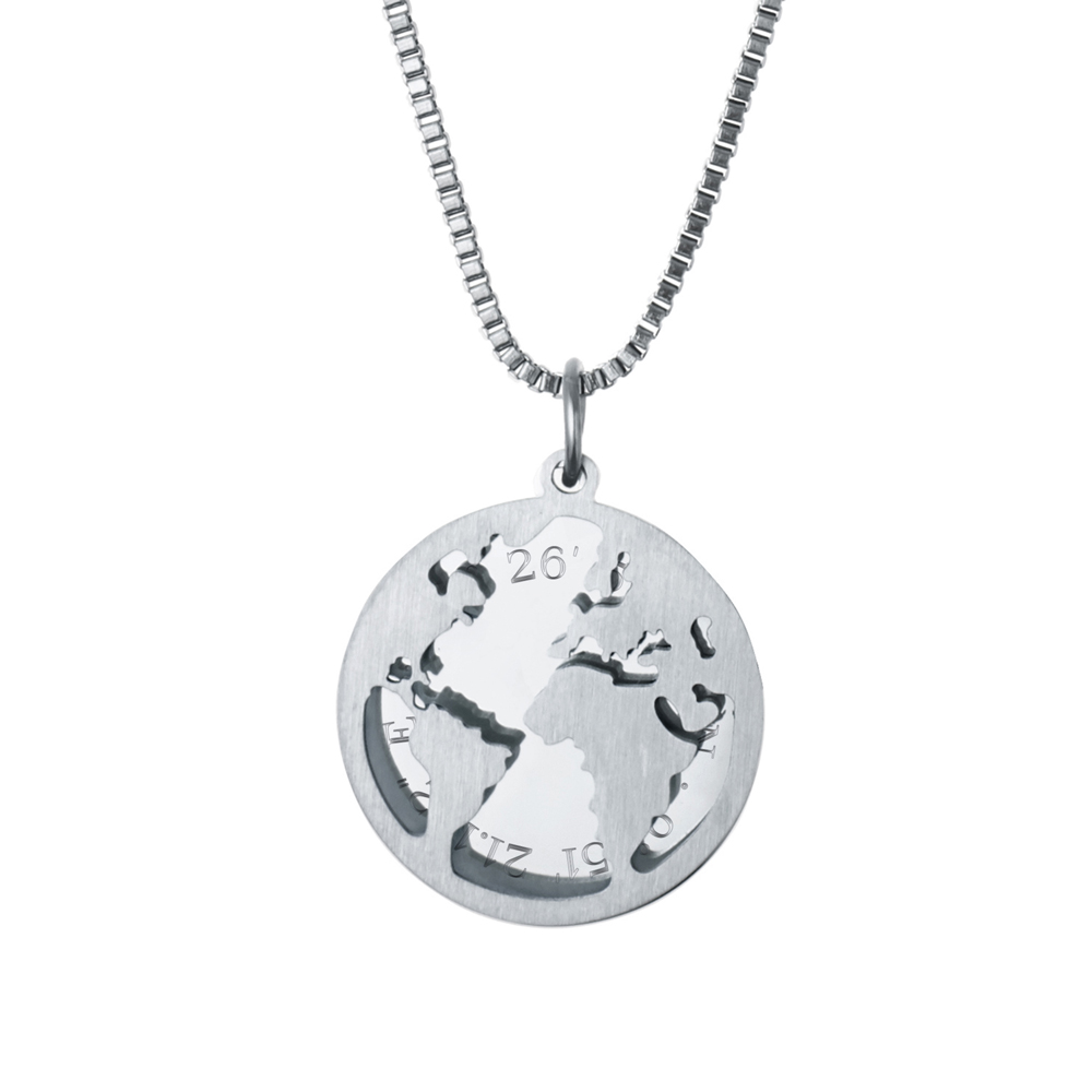 Kette mit Anhänger Welt - Geokoordinaten - Silber