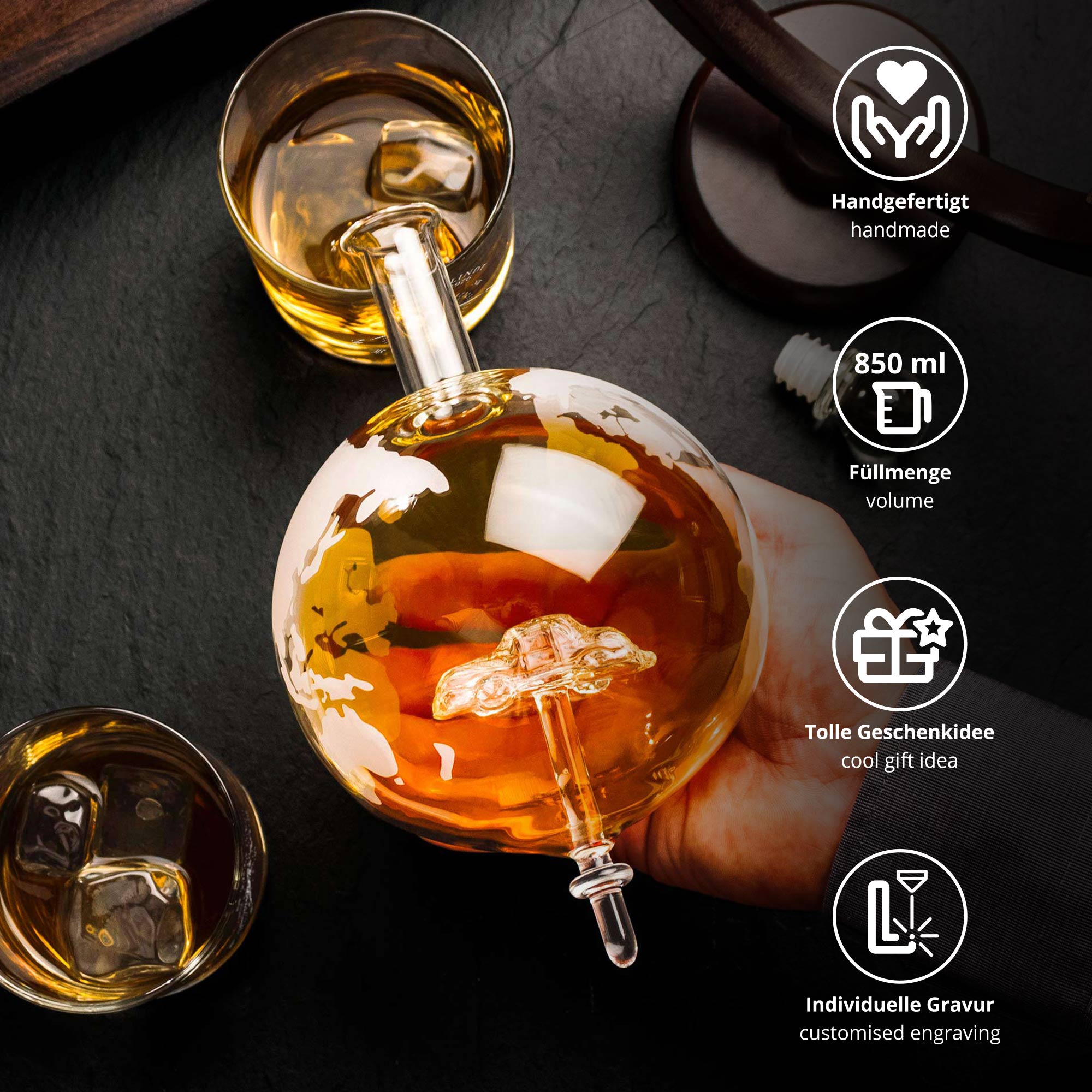 Whiskyset Globus Karaffe und zwei gravierte Tumbler, Whiskyset Globus Karaffe und zwei gravierte Tumbler, Whiskyglas, Geburtstagsgeschenke, whiskyset