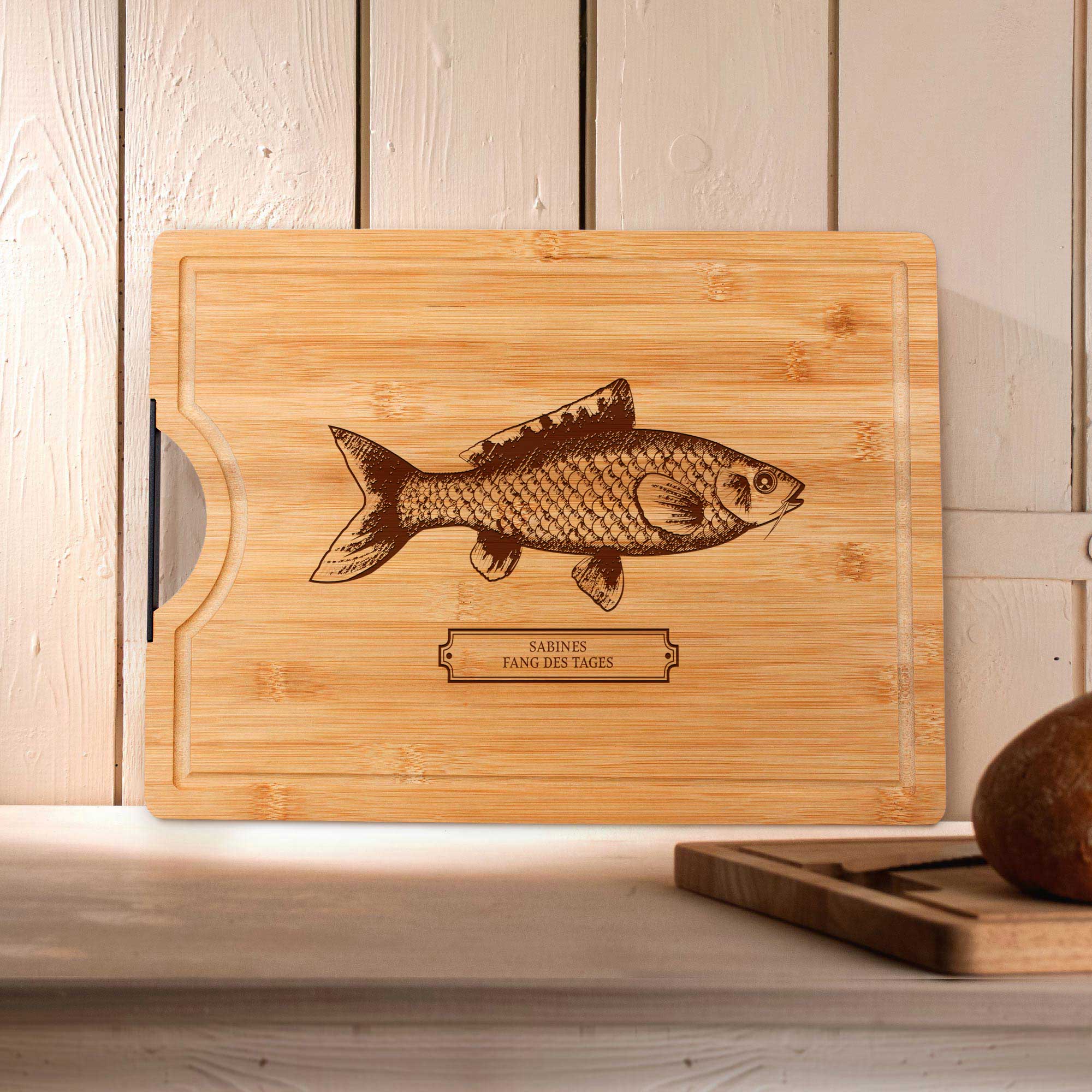 Bambusholz Schneidebrett - Fisch Gravur - Name