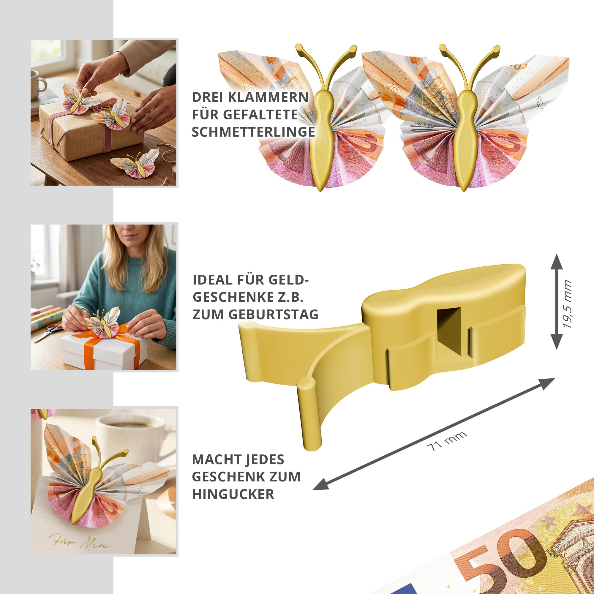 Geldgeschenk Schmetterling - 3er Set Geschenkverpackung für Geld in Gold