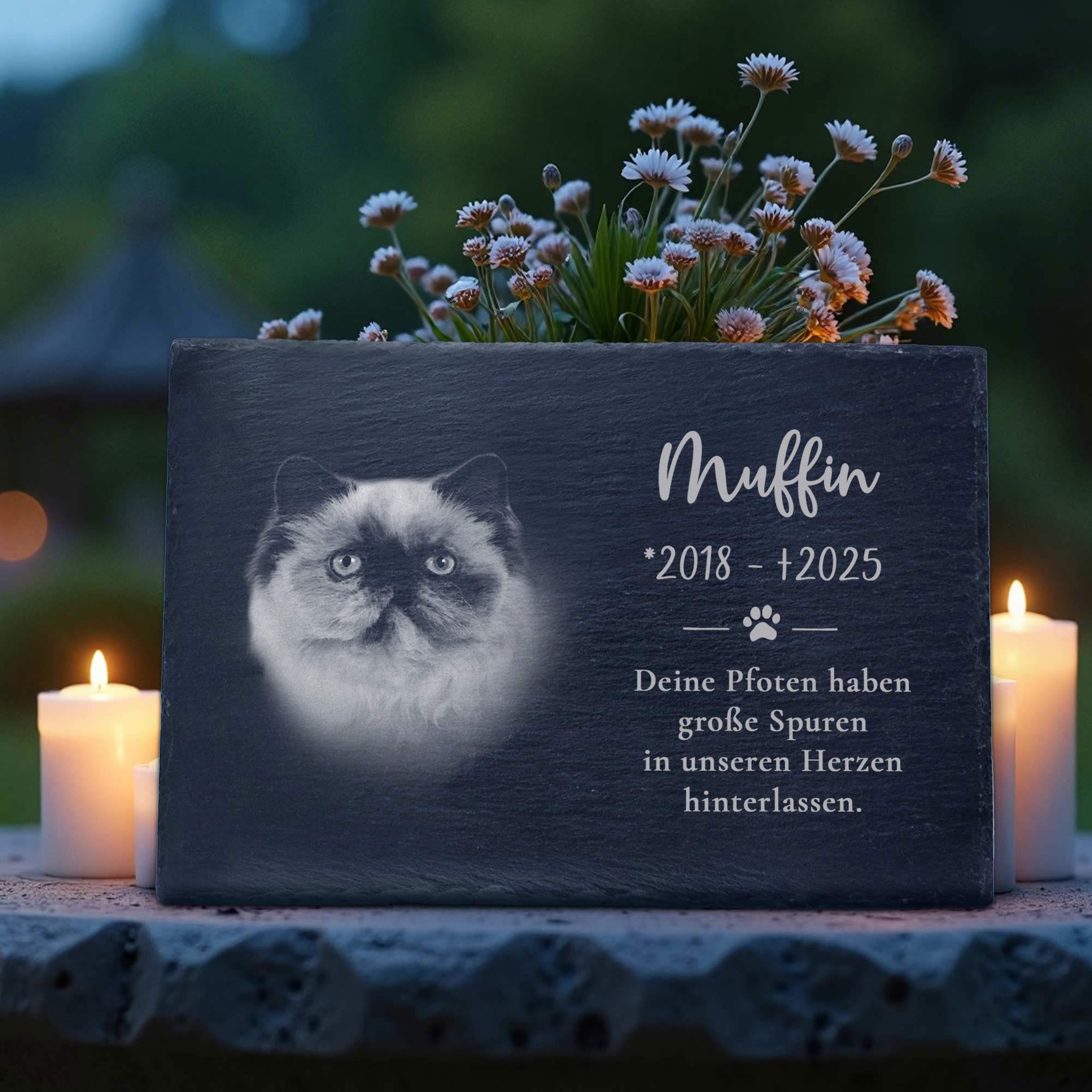 Grabplatte zur Trauer Hund & Katze - Schiefer Gedenktafel mit Foto