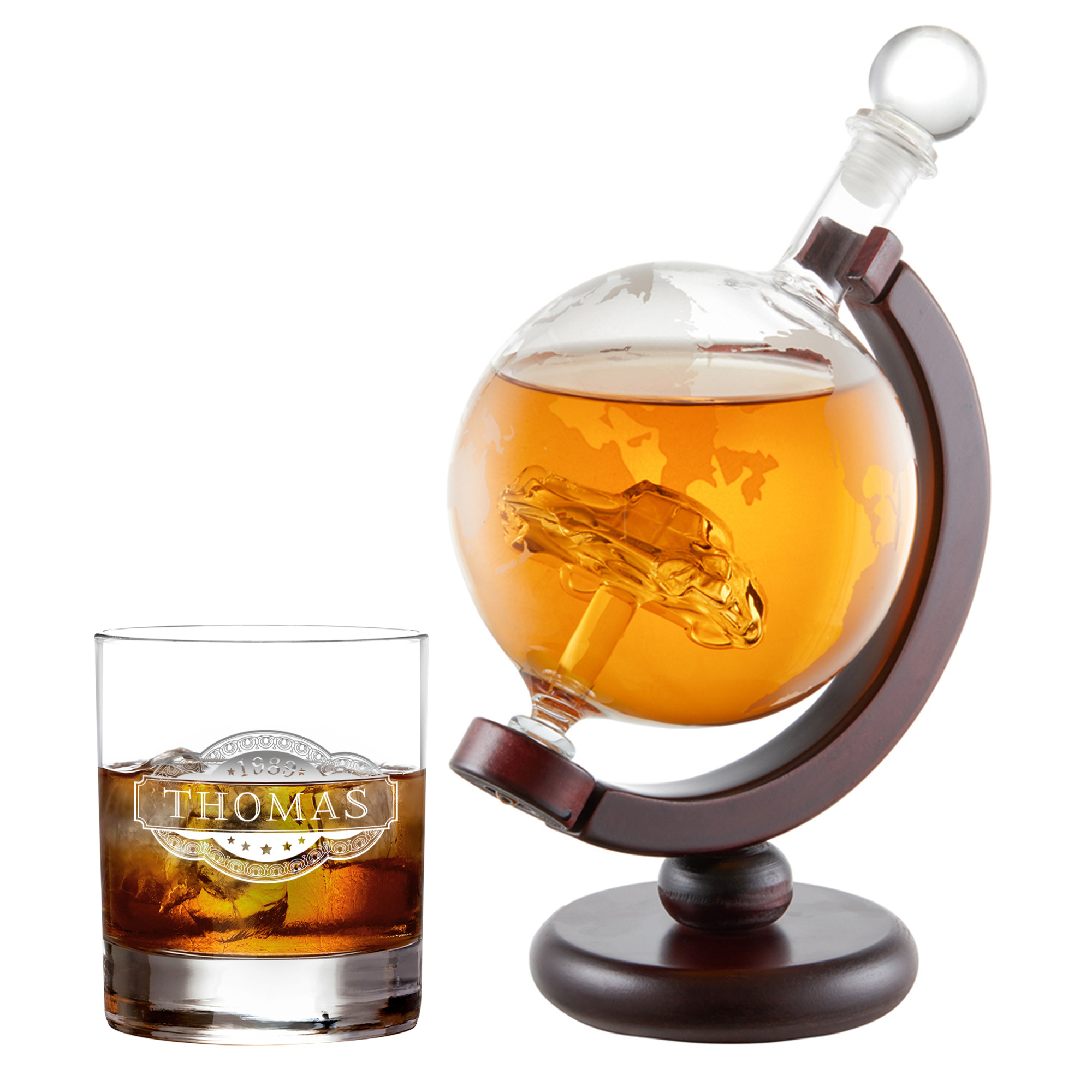 Whiskyset Globus Karaffe Auto und graviertes Glas Banderole