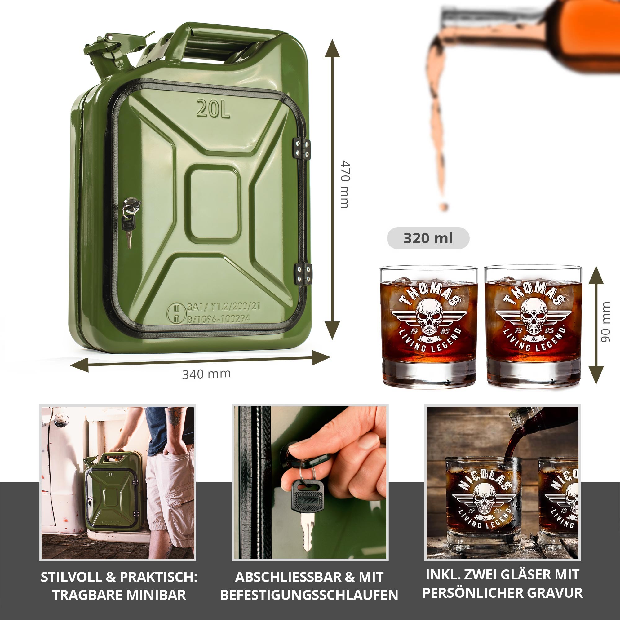 Grüne Kanister Mini Bar mit 2 Whiskygläsern - Totenkopf Gravur