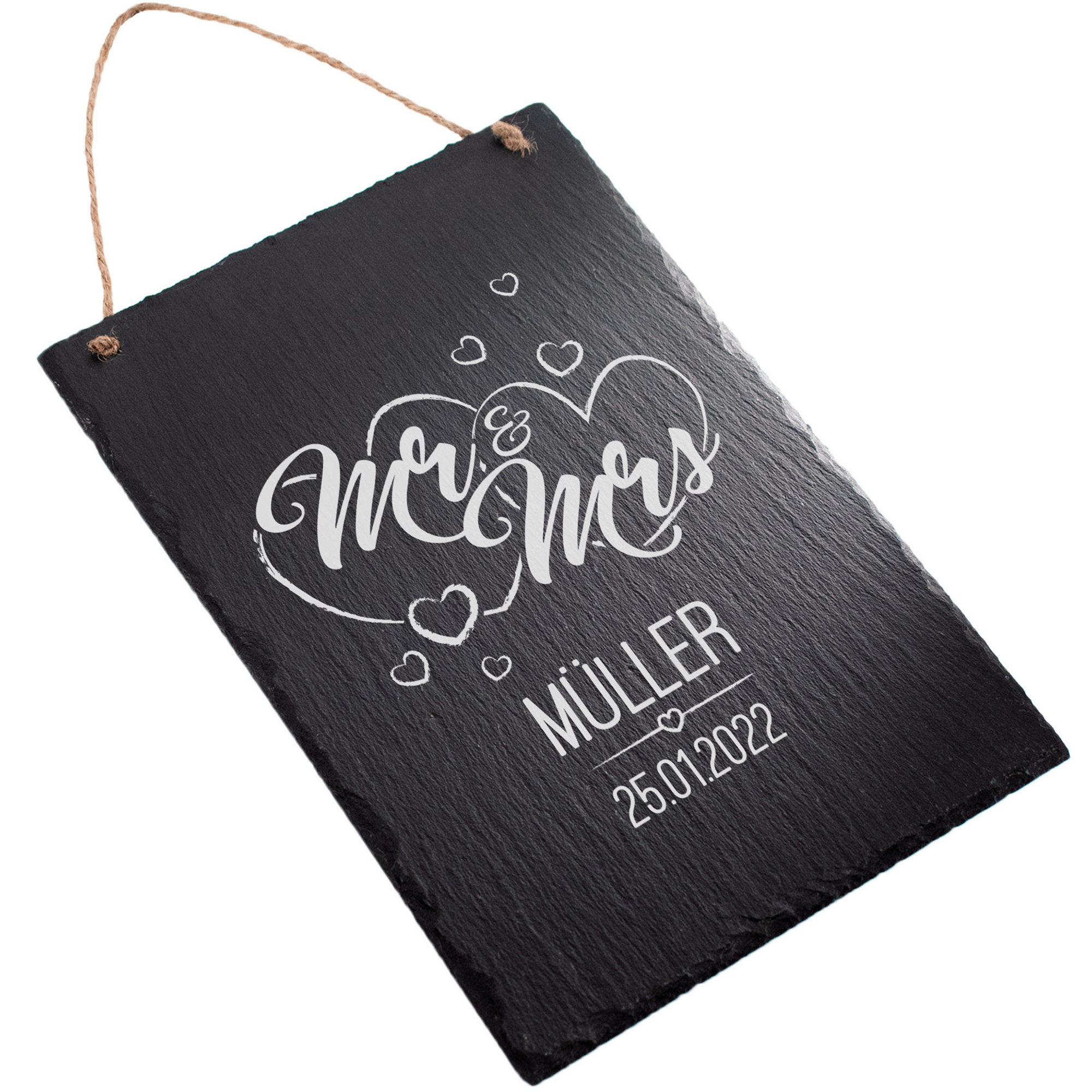 XXL Schiefertafel mit Mr & Mrs Motiv, mit Namen gravierte Schieferplatte als Hochzeitsgeschenk und Tischdeko, personalisiertes Türschild aus Schiefer
