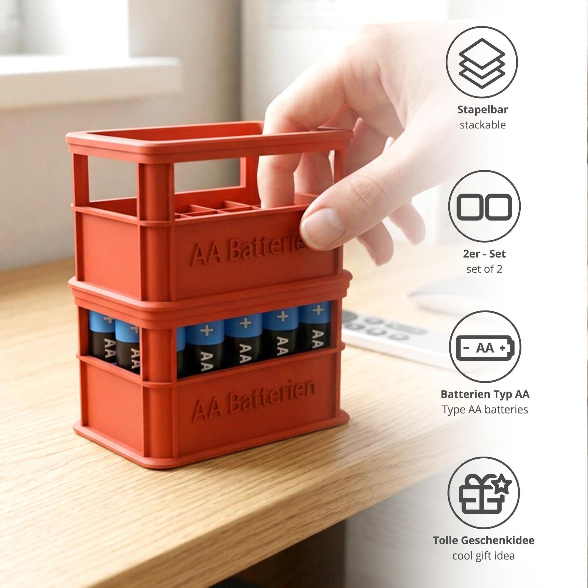 Stapelbare Aufbewahrungsbox für Batterien AA - 2er Set Bierkiste Rot
