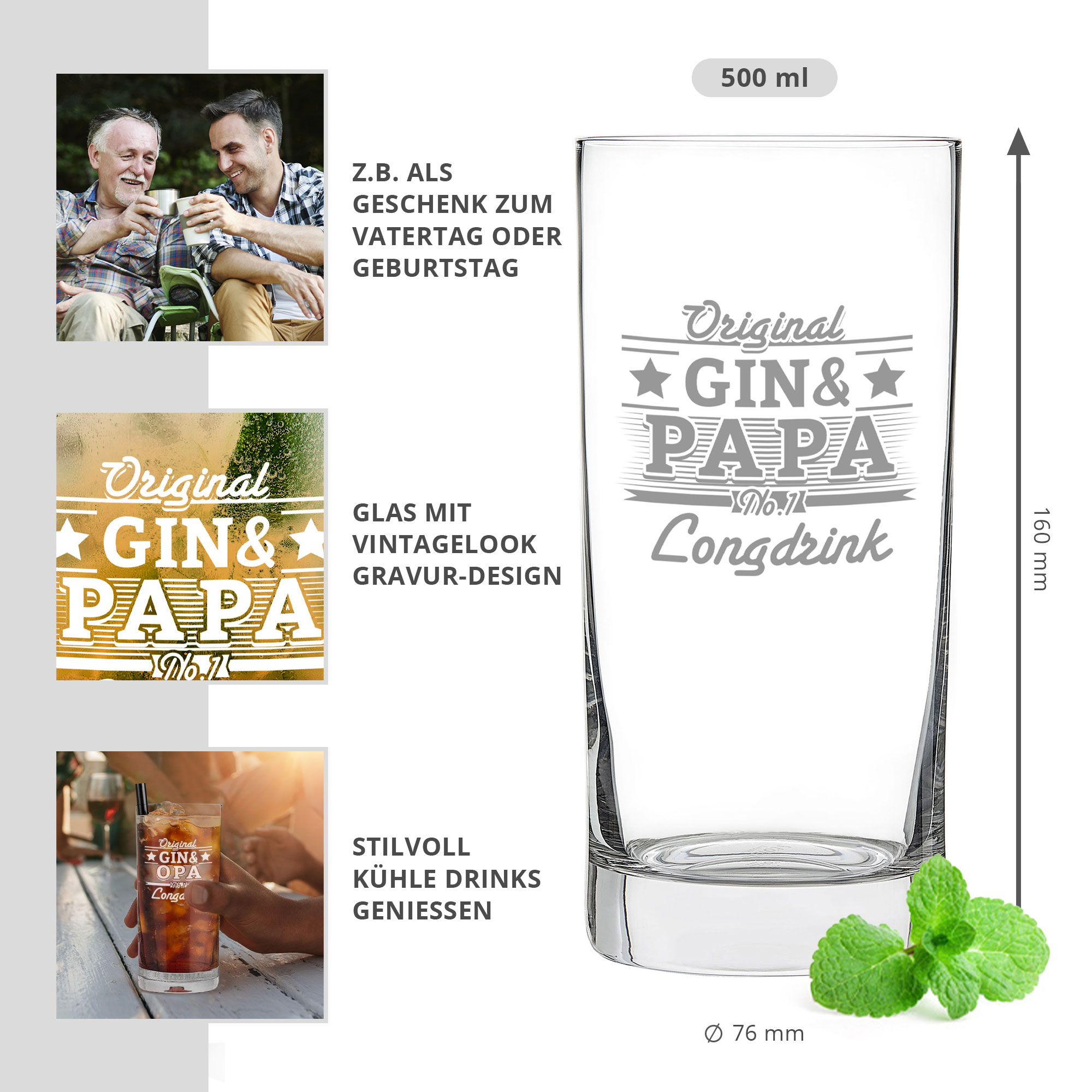 Trinkglas als Geschenk für Papa, Longdrink Glas mit 500 ml Füllmenge, Ginglas als Vatertagsgeschenk, Glas mit Gravur für Papa, Graviertes Wassergla