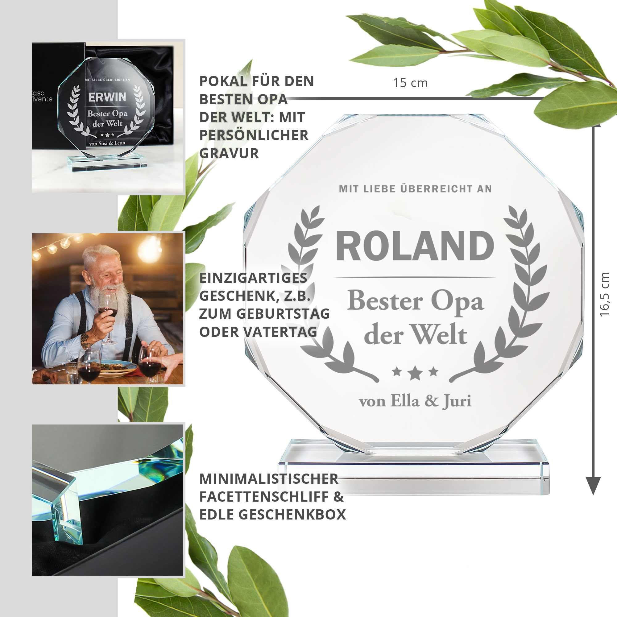 Gravierter Glaspokal Trophäe mit Facettenschliff - Bester Opa