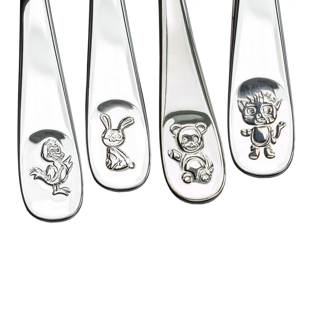 Kinderbesteck Tiere, 4er Set, ab 3 Jahren, Edelstahl, spülmaschinenfest, ergonomisch geformt, eingestanzte Tiermotive, Besteckset