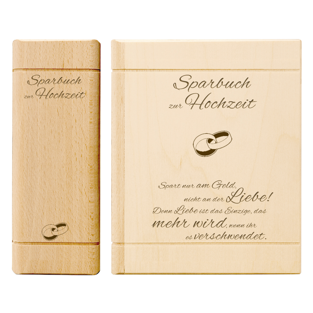 Sparbuch aus Holz mit Spruch zur Hochzeit