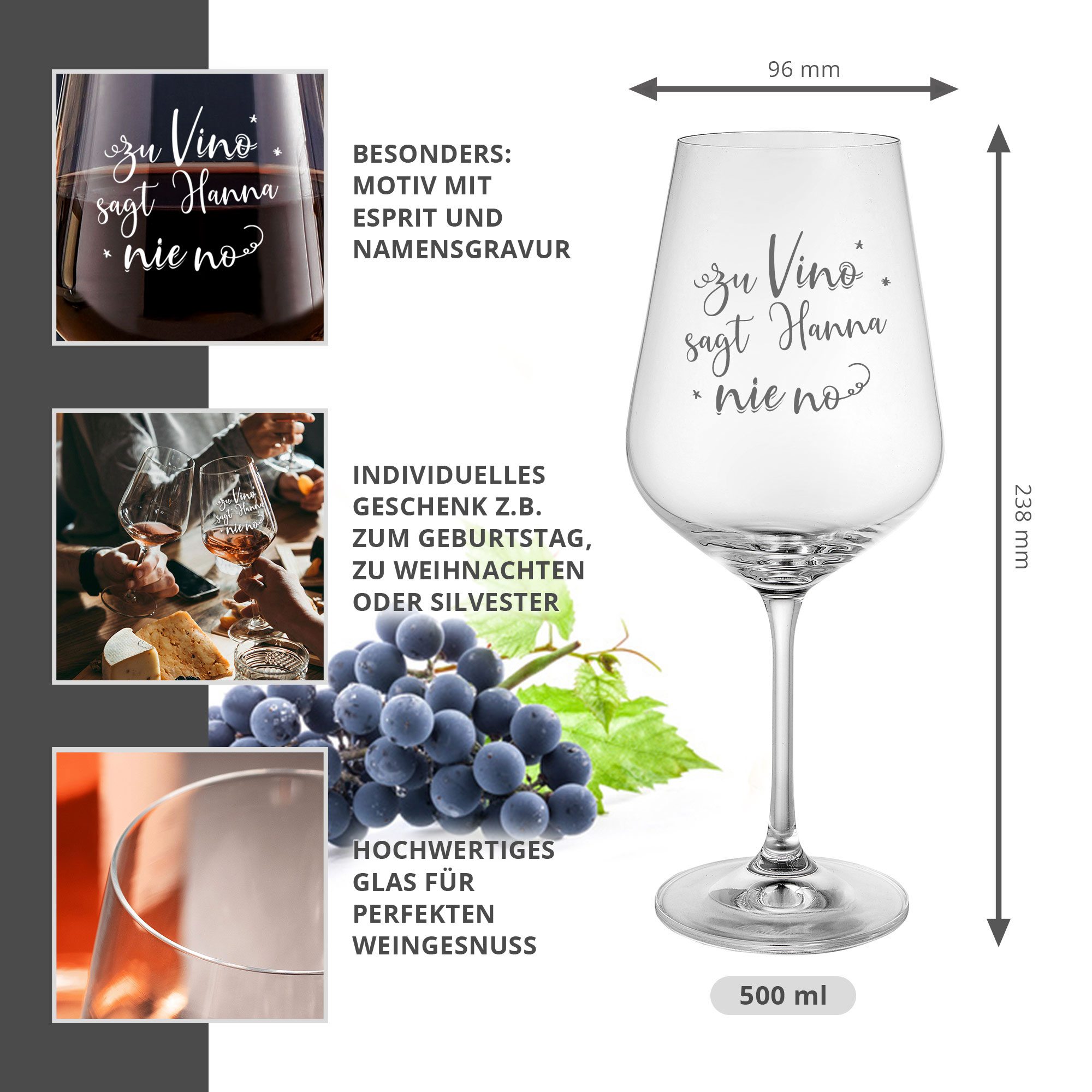 Weinglas  - Zu Vino sagt "Name" nie no - Personalisiert