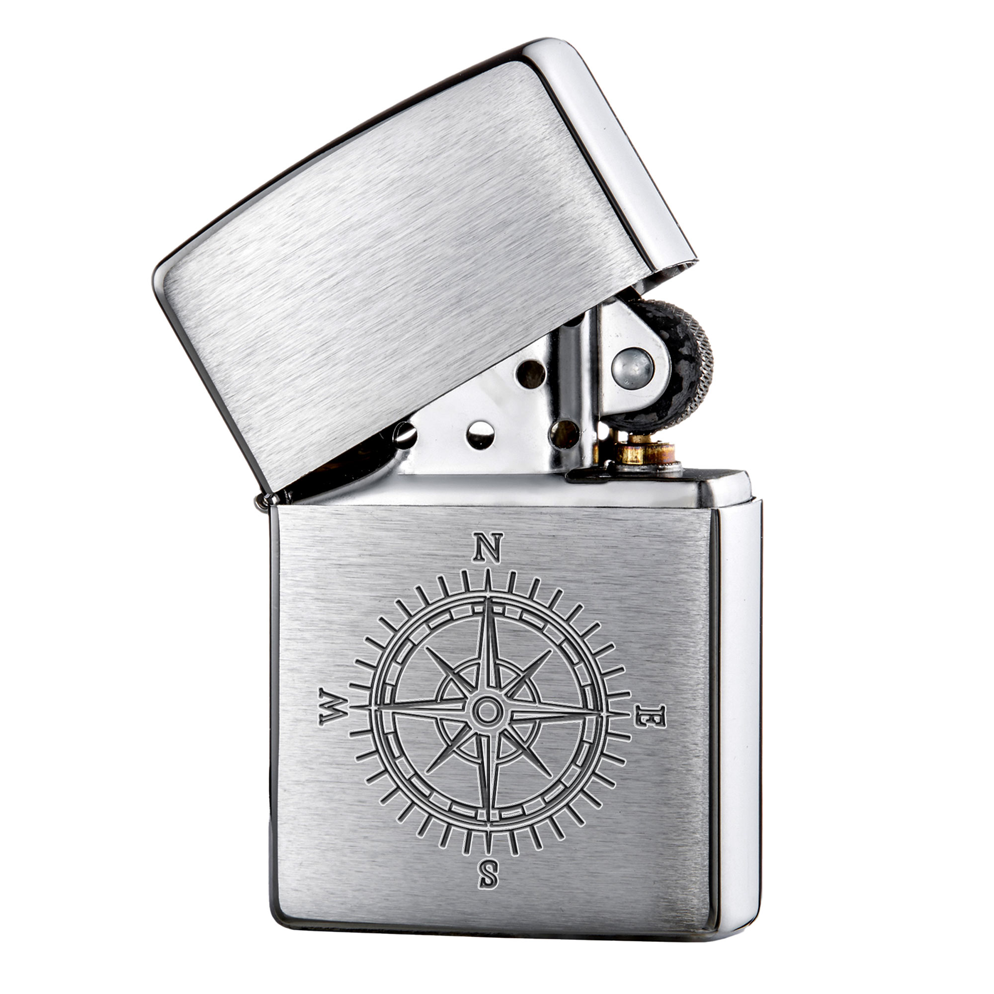 Sturmfeuerzeug zum Klappen, Graviertes Benzinfeuerzeug, Zigarrenfeuerzeug mit Kompass Motiv, Vintage Lighter, Klassisches Zippo-Feuerzeug
