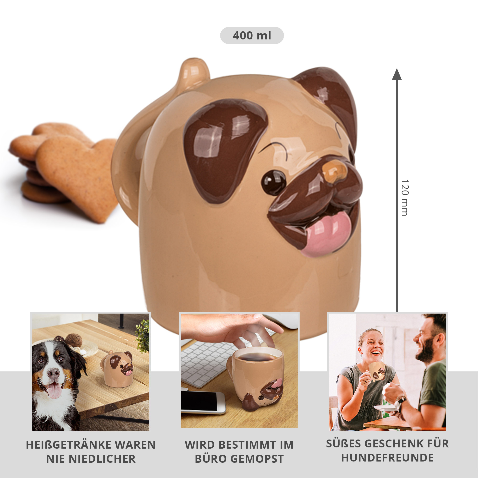 Besondere Tasse in Hundeform, Keramiktasse im Mopd Design, Kaffeetasse aus Keramik, Hundetasse für Heißgetränke, Tier Tasse für Hundefreunde