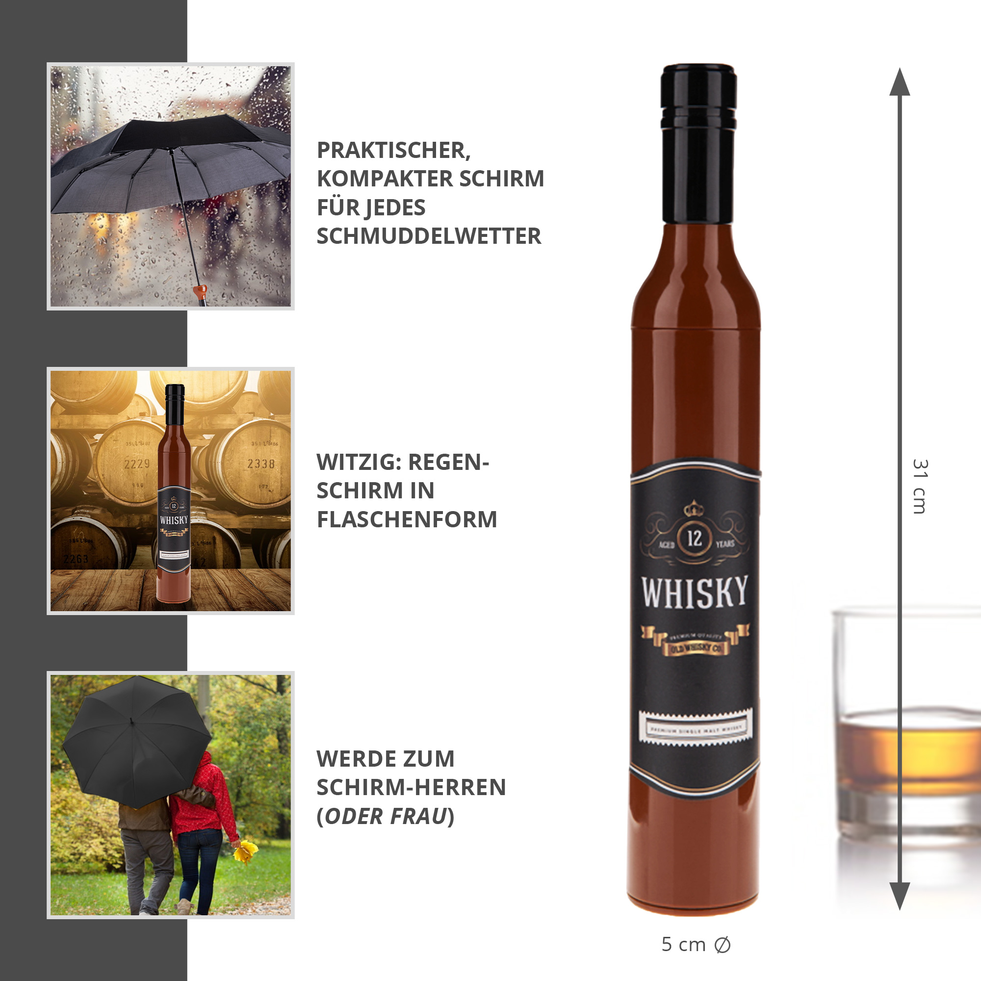 Taschenschirm Scherzartikel, Whisky Stockschirm, Schirm mit Whisky Hülle, Wasserabweisender Regenschutz, Originelles Bekleidungszubehör
