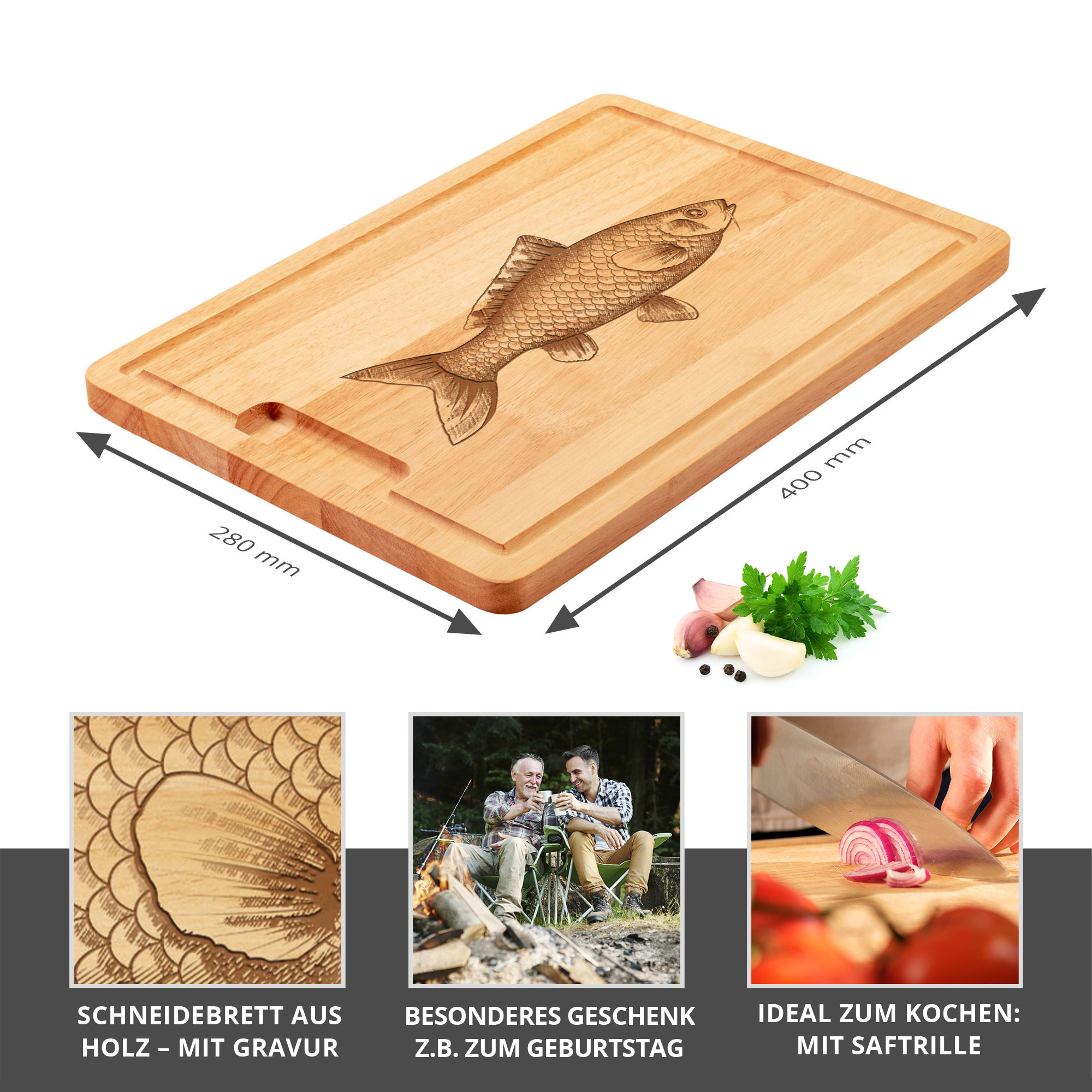 Holzbrett mit Fisch Motiv, Küchenbrett mit Saftrille, Kochbrett mit Saftmulde, Graviertes Servierbrett als Geschenk für Angler, Grillbrett aus Holz