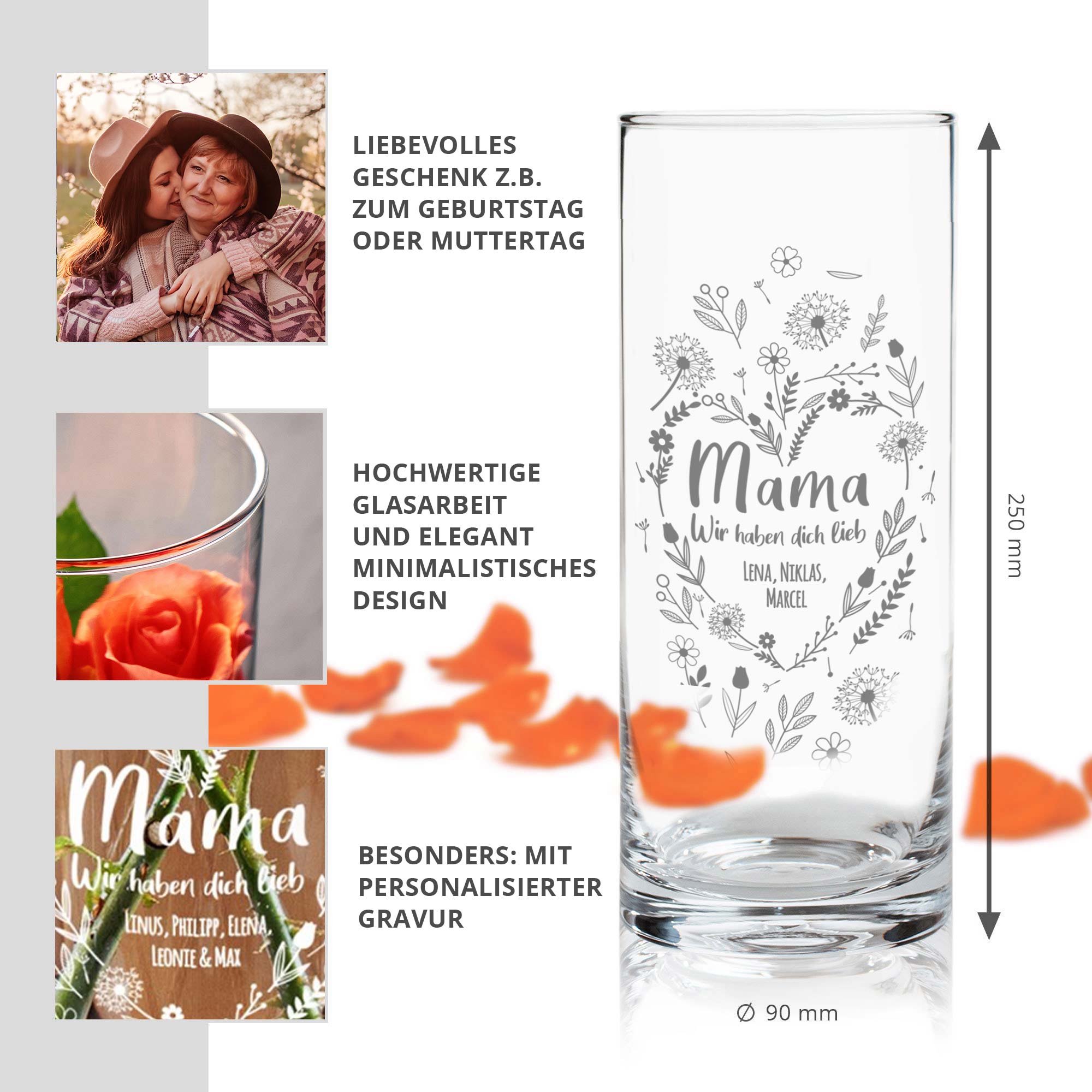 Runde Vase mit Blumenherz Gravur - personalisiert für Mama