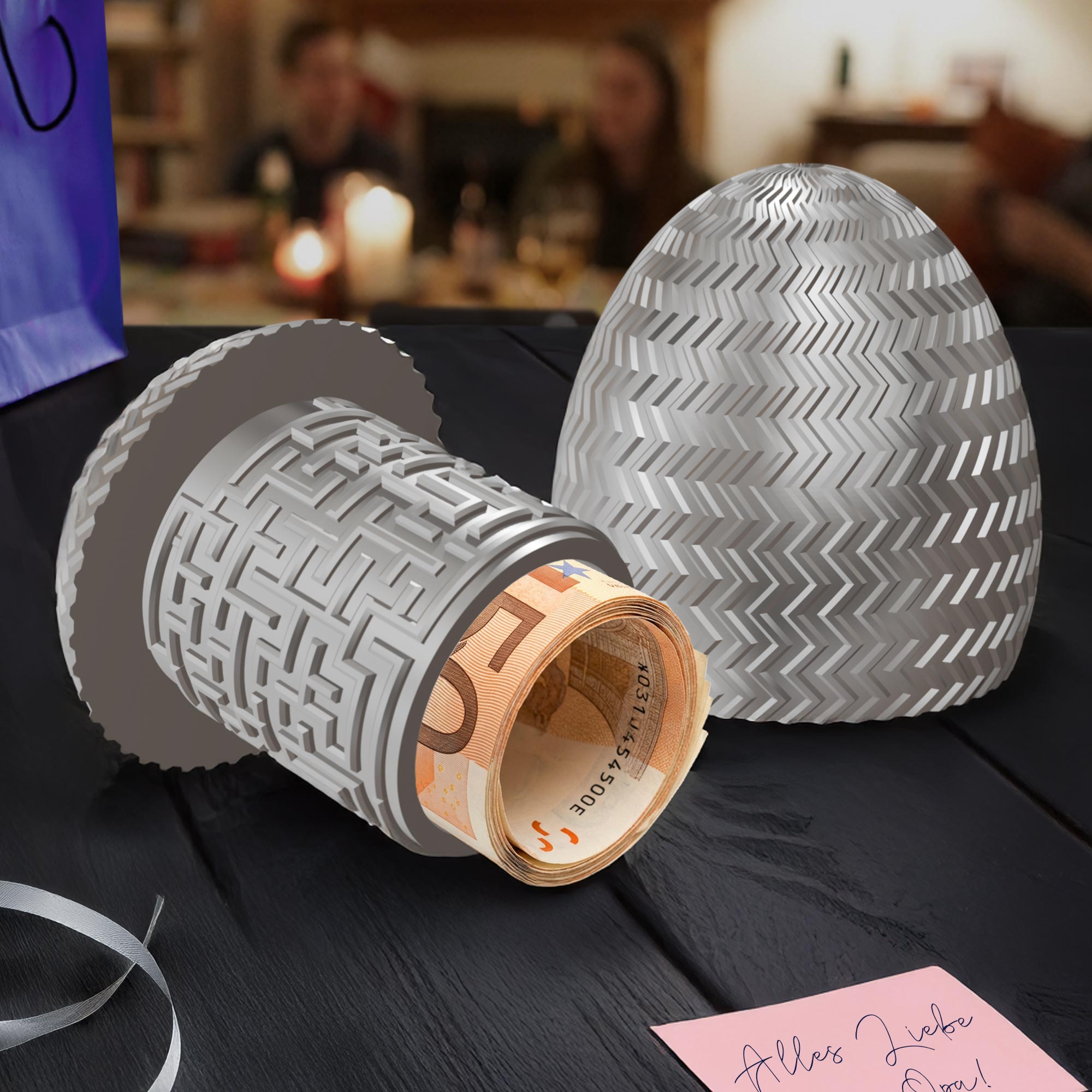 Labyrinthbox Ei in Silber – Geschenkverpackung für Geld, Gutscheine & kleine Überraschungen