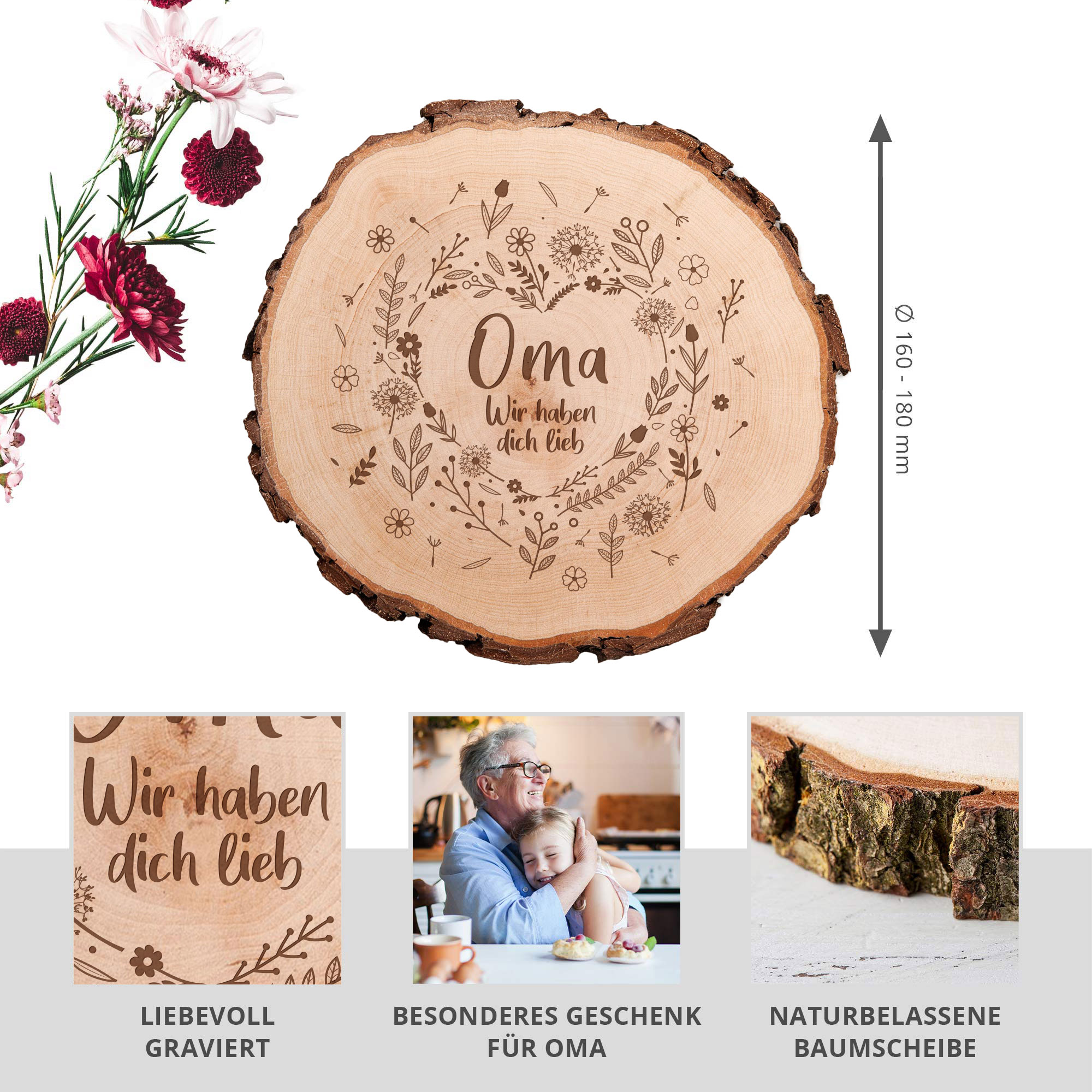 Holz Dekoscheibe mit Gravur für Oma, Rindenscheibe als Geschenkidee für Oma, Rundscheibe mit Blumenherz Motiv, Natürliche Astscheibe mit Rinde