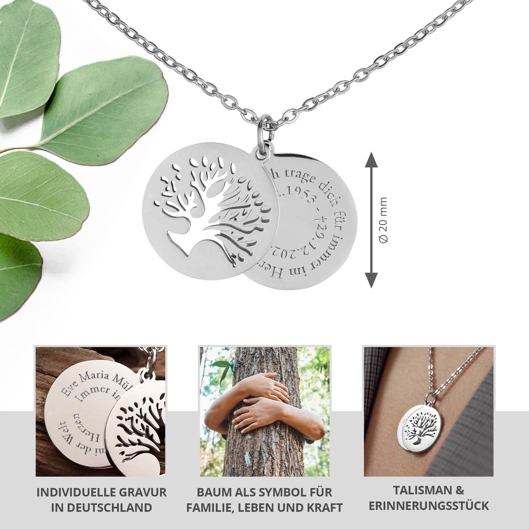Kette Silber mit Gravur und 2 Anhängern - Lebensbaum