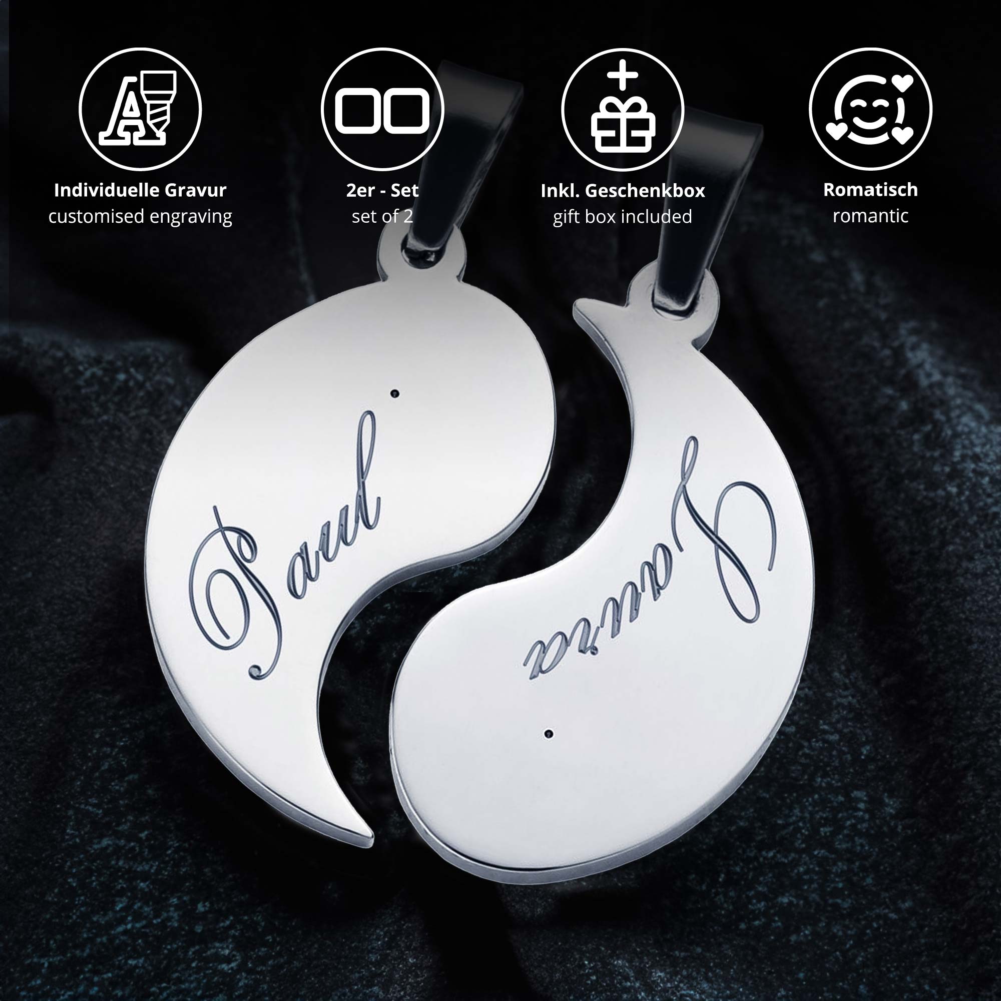 Partner Halskette mit Namensgravur - Yin und Yang