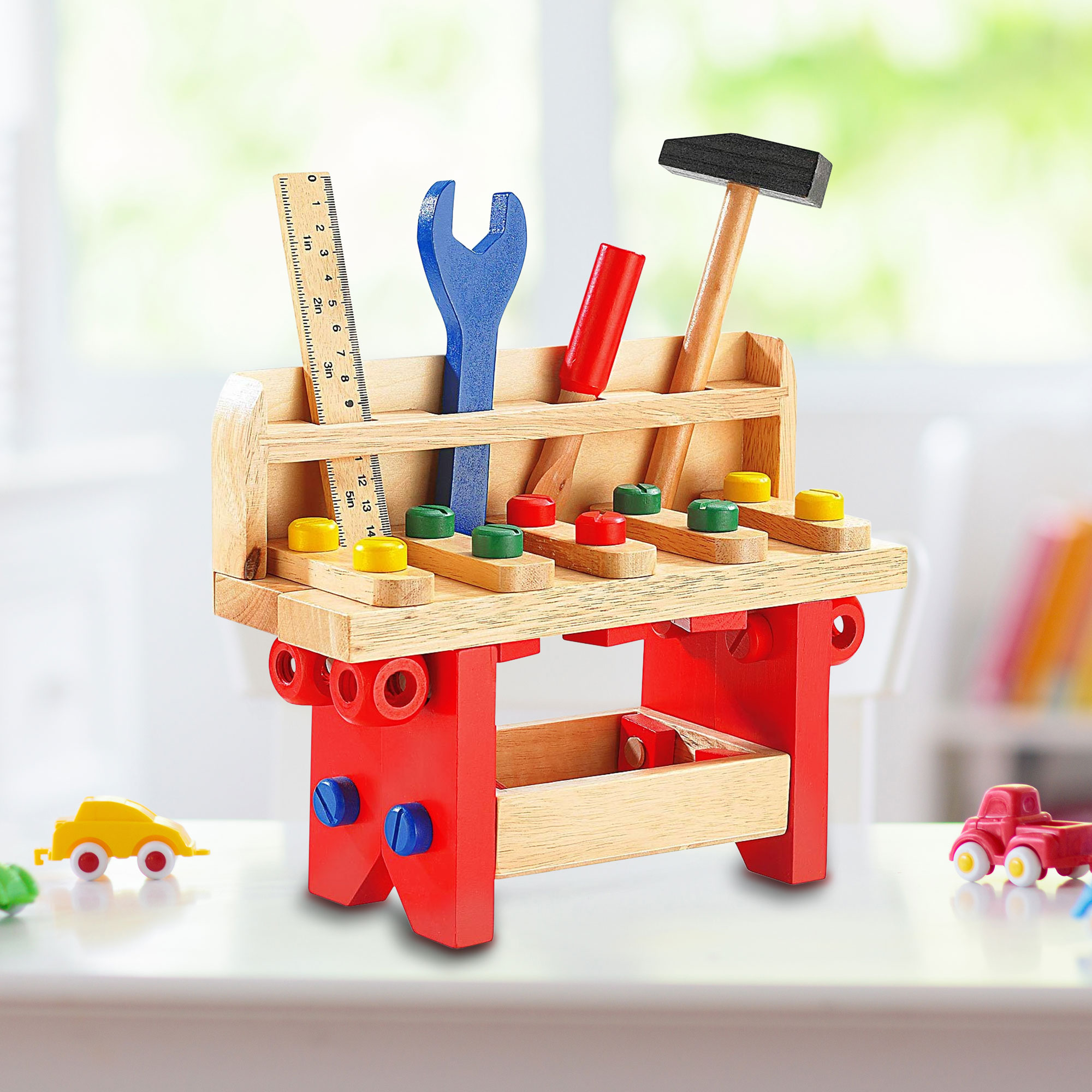 Kinder Werkbank aus Holz, Kinder Werktisch mit 51 Zubehörteilen, Kleine Kinder-Werkzeugbank zum Spielen, Werkstatttisch mit Kinderwerkzeug