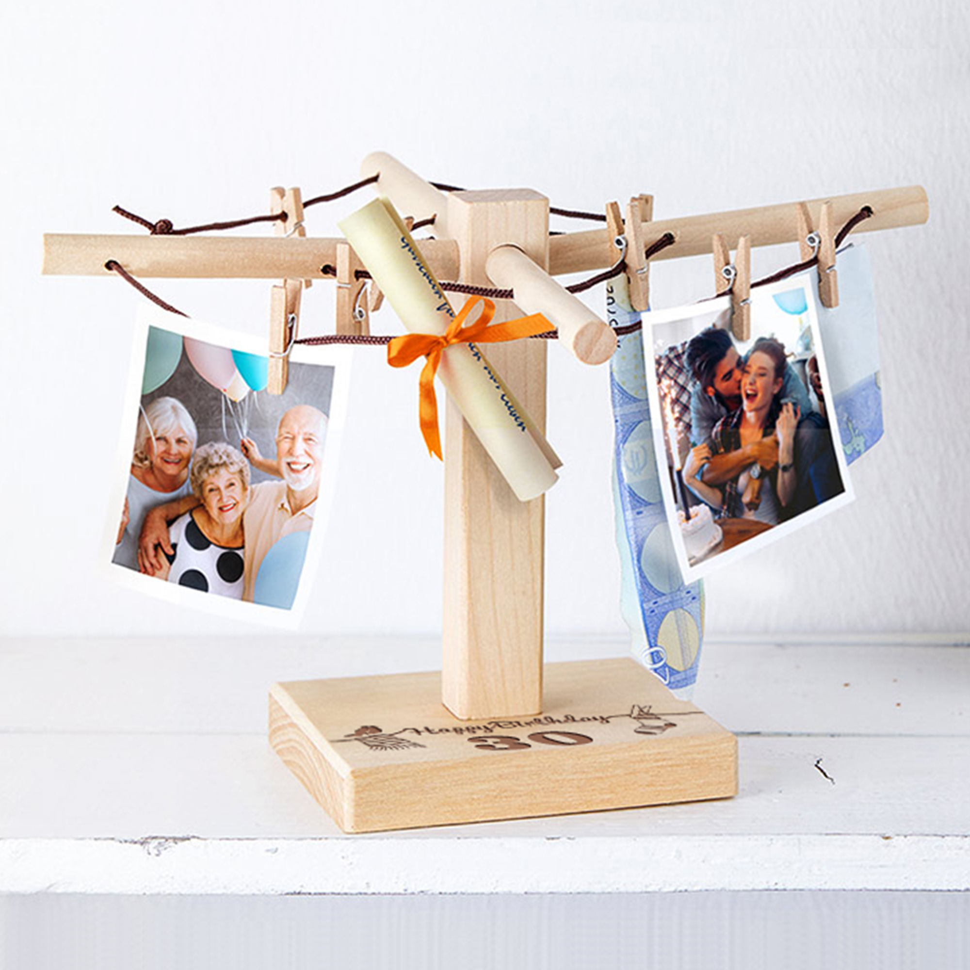 Wäscheleine zum 30. Geburtstag als Geburtstagsgeschenk mit Gravur, Gravierte Wäschespinne als Geld Geschenkverpackung, Wäsche Spinne mit 8 Klammern