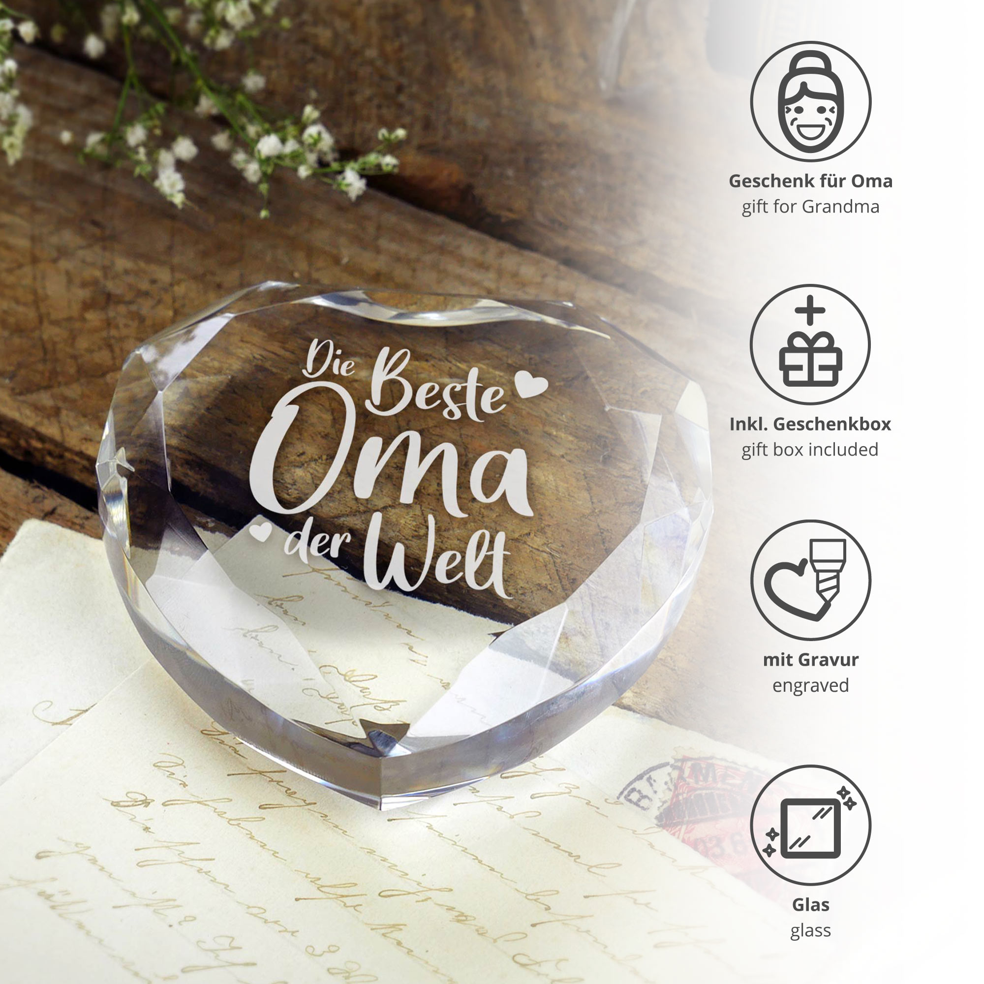 Glasdiamant Briefbeschwerer als Geschenk für Oma, Glasherz Dekoration mit Gravur, Glas Kristall mit graviertem Schriftzug, Herz Diamant Glasdeko