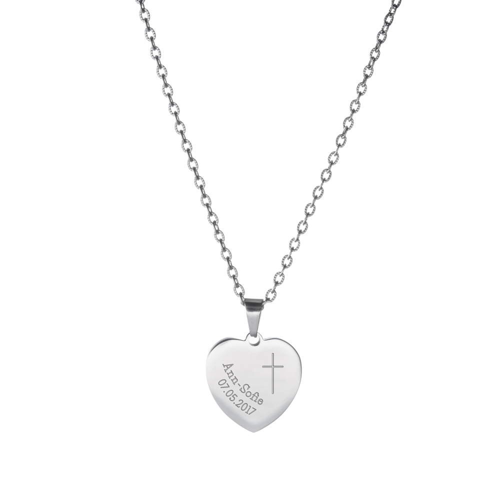 Kette mit Herz-Anhänger - Kreuzkette mit Gravur Kreuz und Datum - Silber