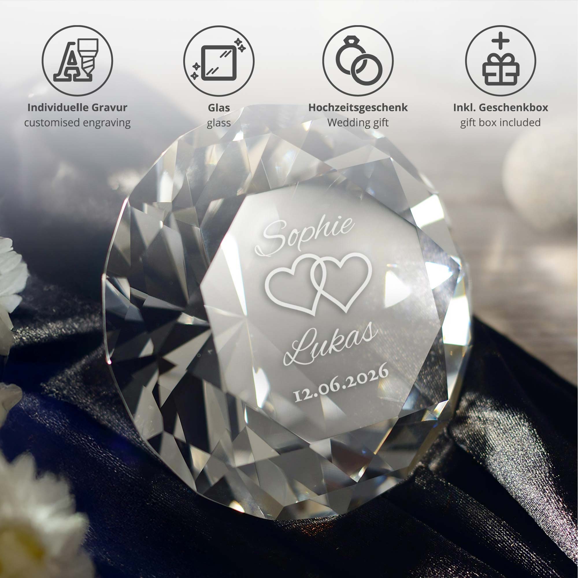 Diamant Kristall mit Gravur zur Hochzeit und Ring Displayständer