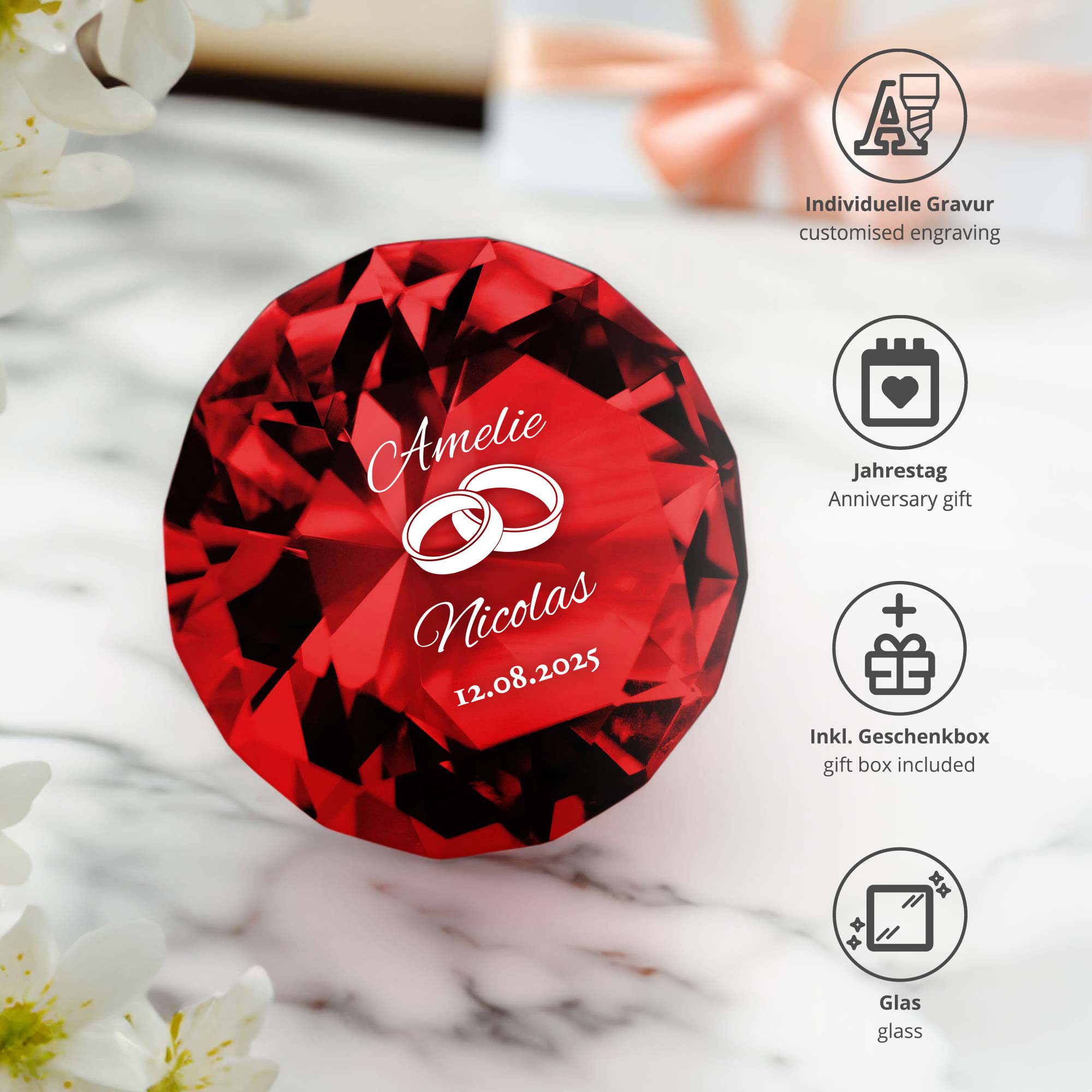 Roter Diamant Kristall zur Hochzeit mit Gravur - Ringe