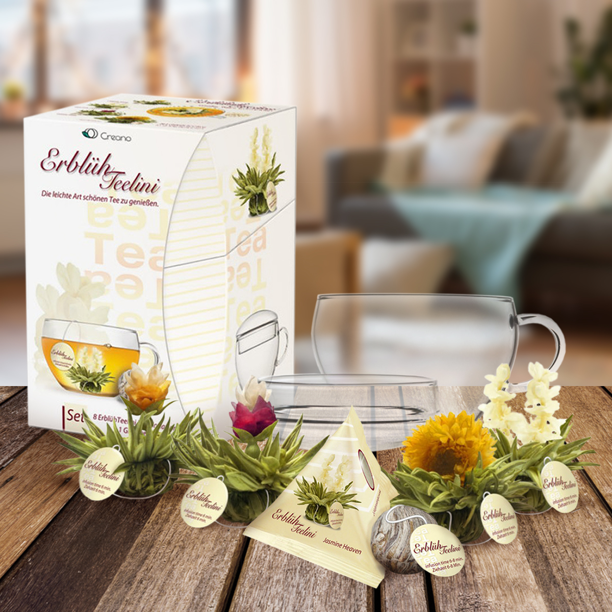 Weiße Erblüh-Teelini mit Tasse