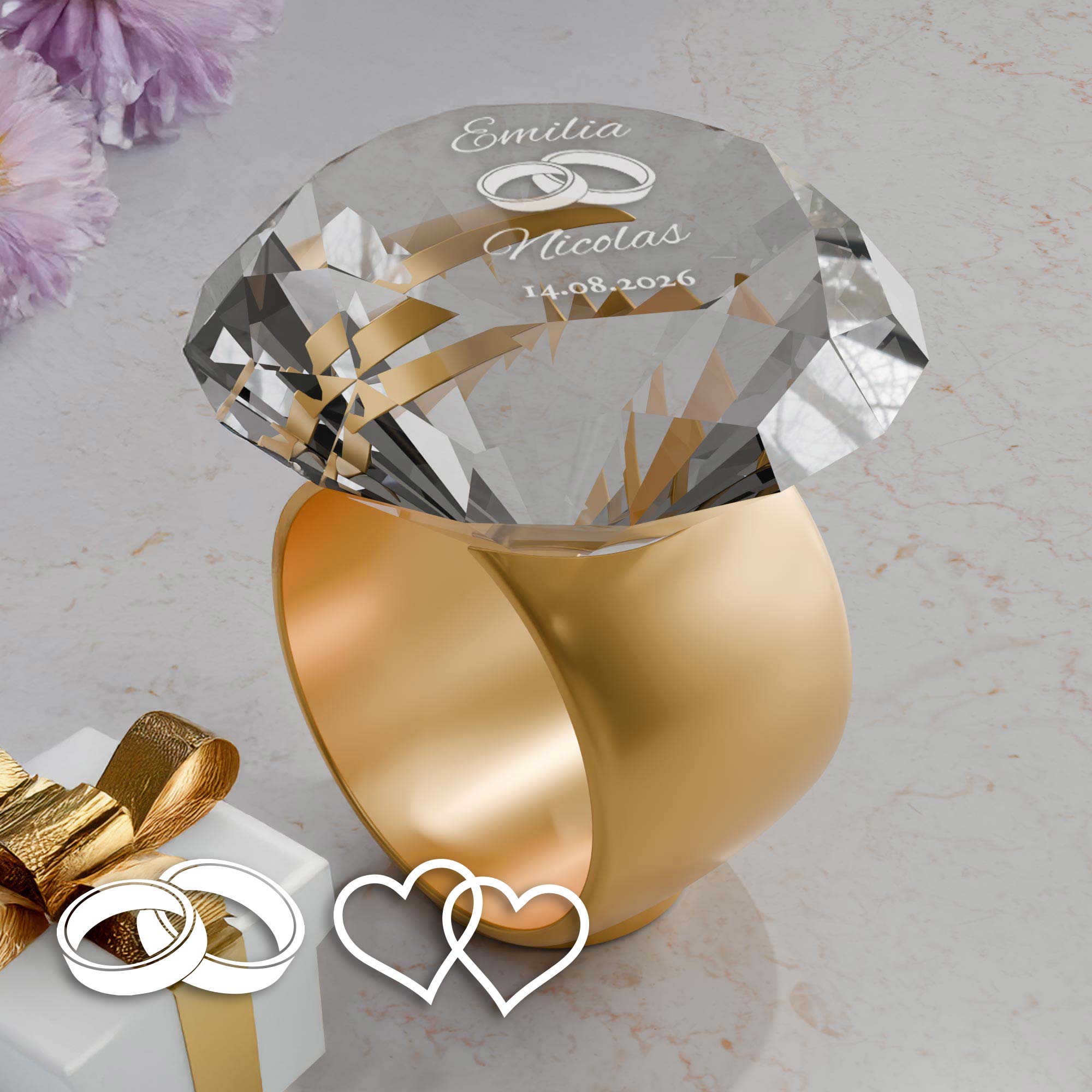 Diamant Kristall mit Gravur zur Hochzeit und Ring Displayständer