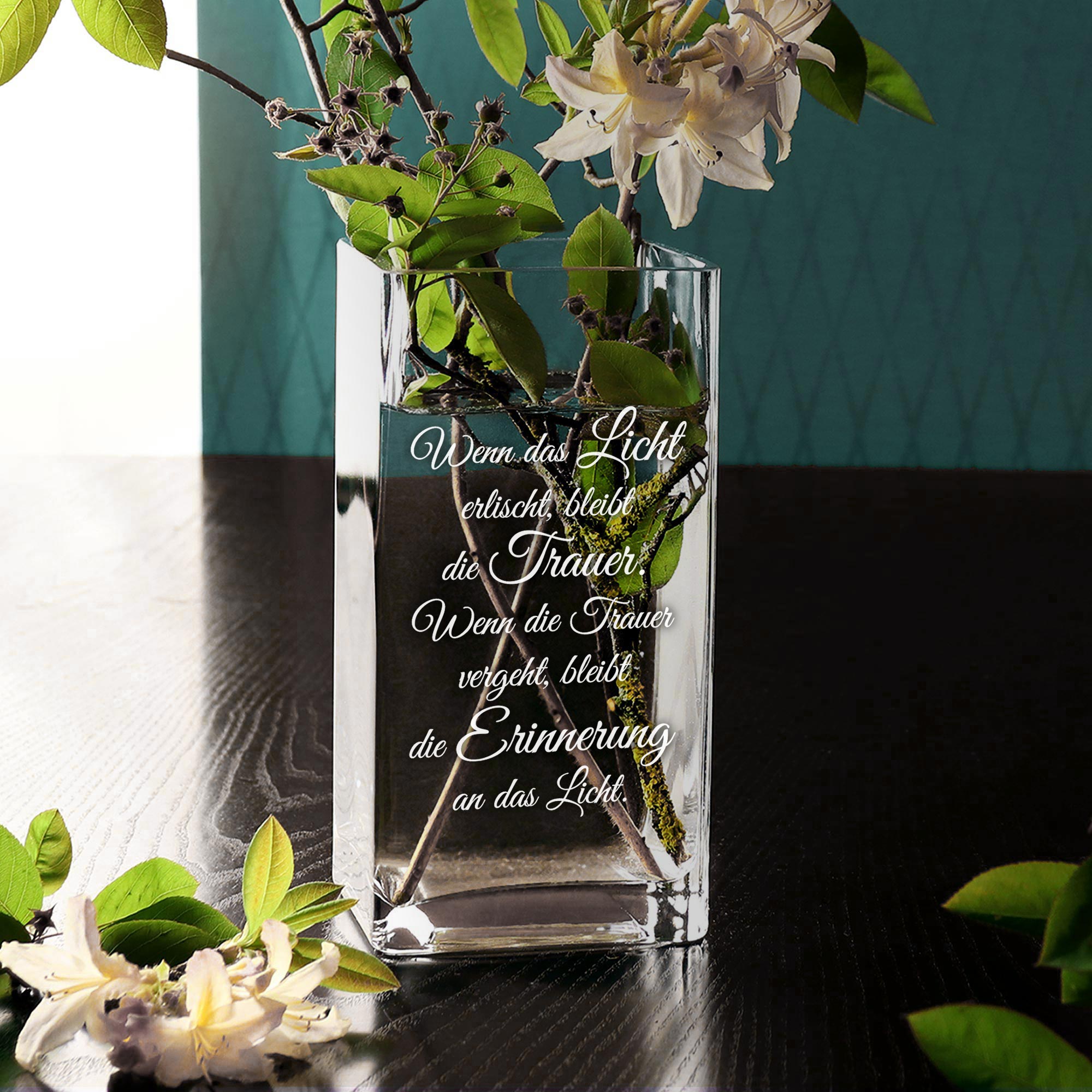 Eckige Vase mit Gravur - Trauerspruch