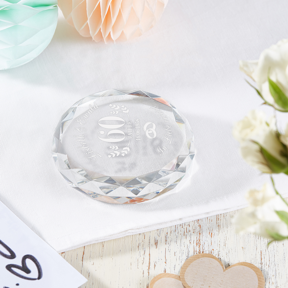 Runder Kristall aus Glas mit Gravur zur Diamantenen Hochzeit