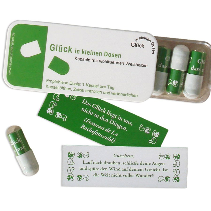 Glück in Kapseln, Glück in kleinen Dosen, Glückspillen, Geschenke für den Partner, Glückskapseln