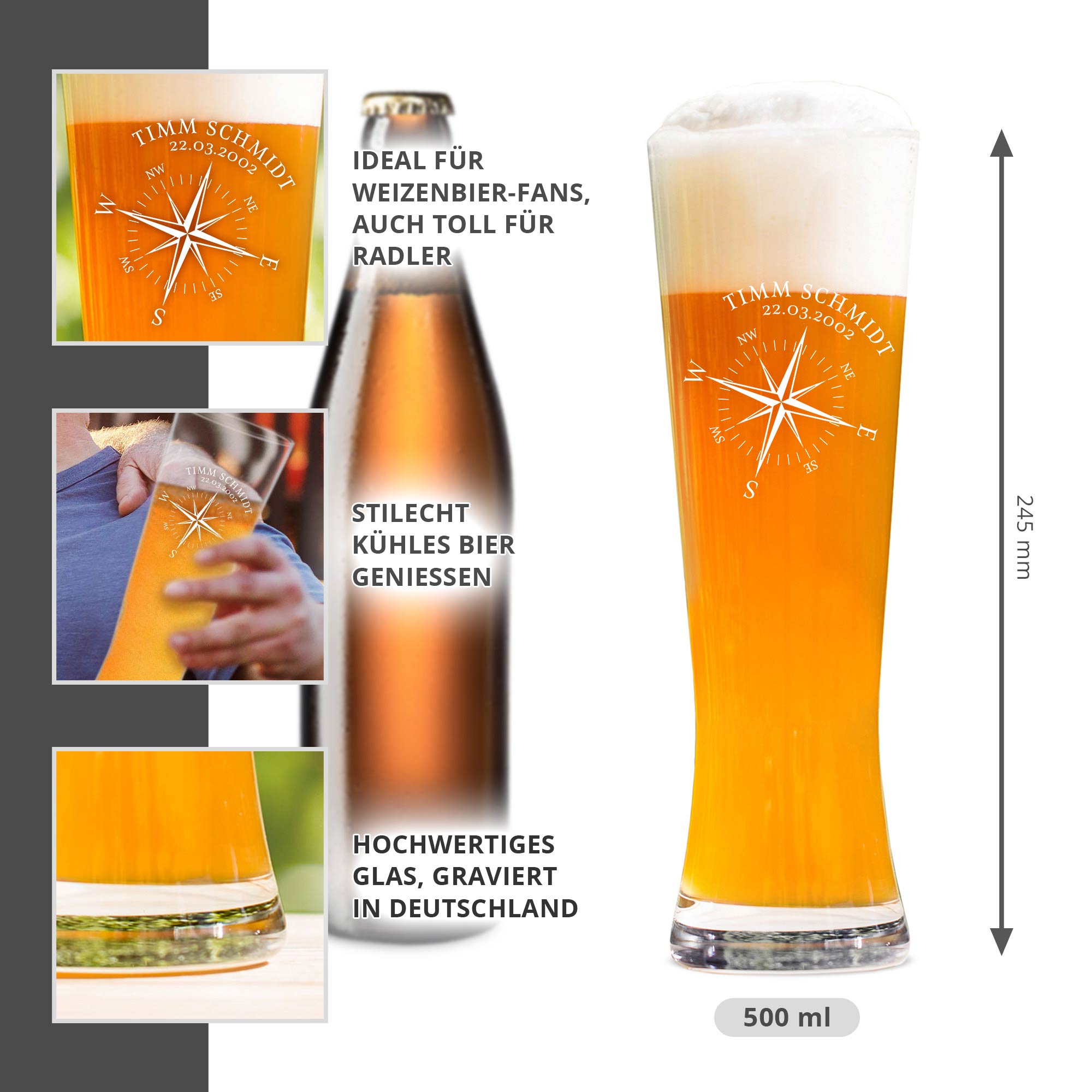 Weizenglas mit Gravur - Kompass - Weizenbierglas