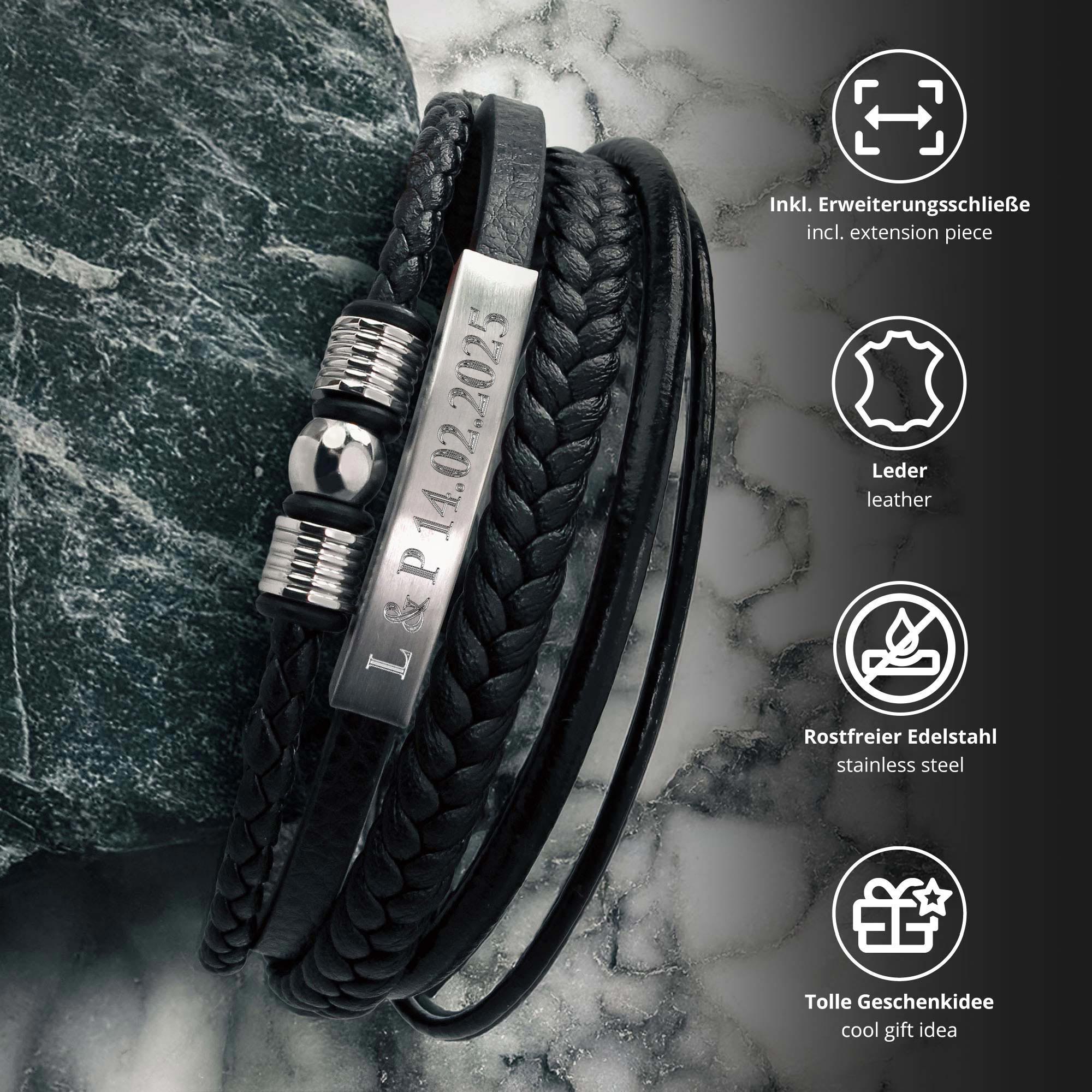 Geflochtenes Lederarmband mit Beads Silber - mit Gravur