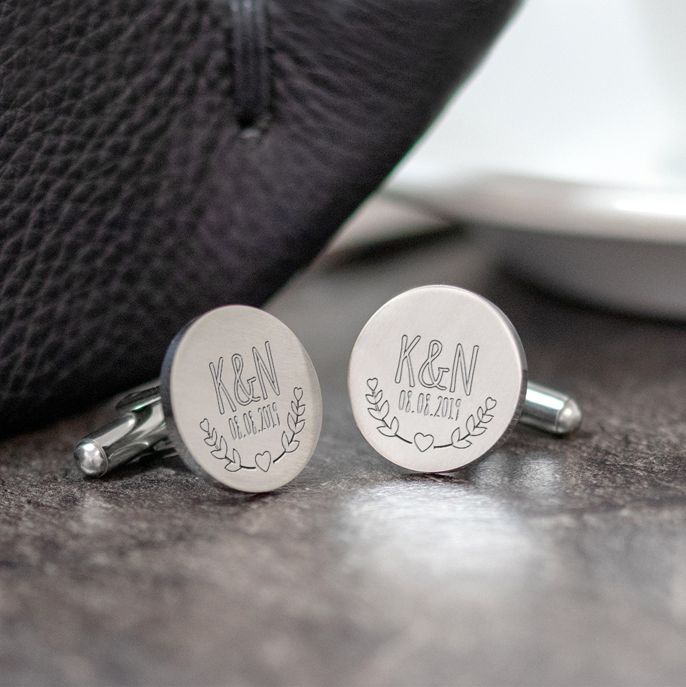 Manschettenknöpfe Silber zur Hochzeit - Blätter - personalisiert