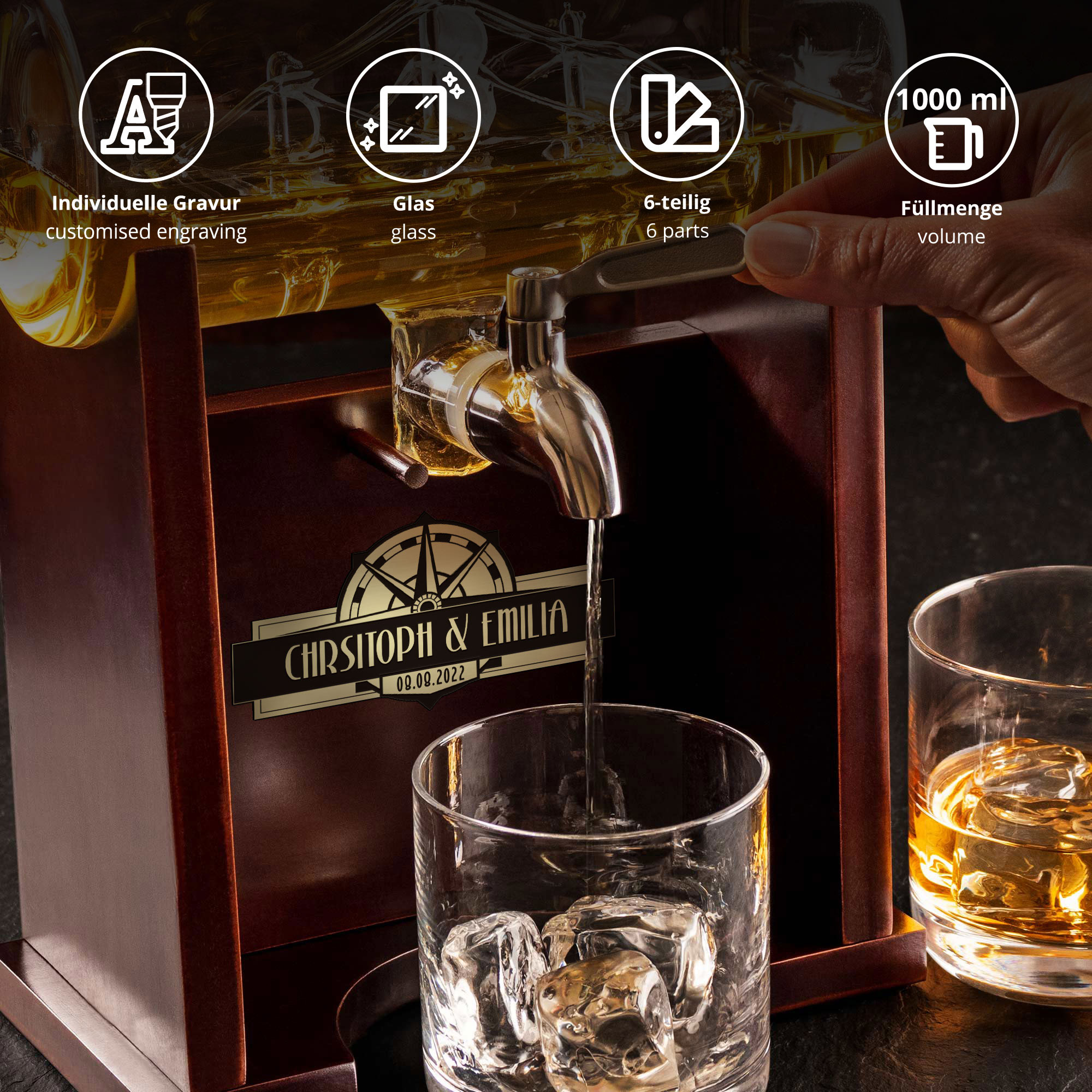 Whisky Set mit Gravur - Fass Karaffe mit 2 Gläsern