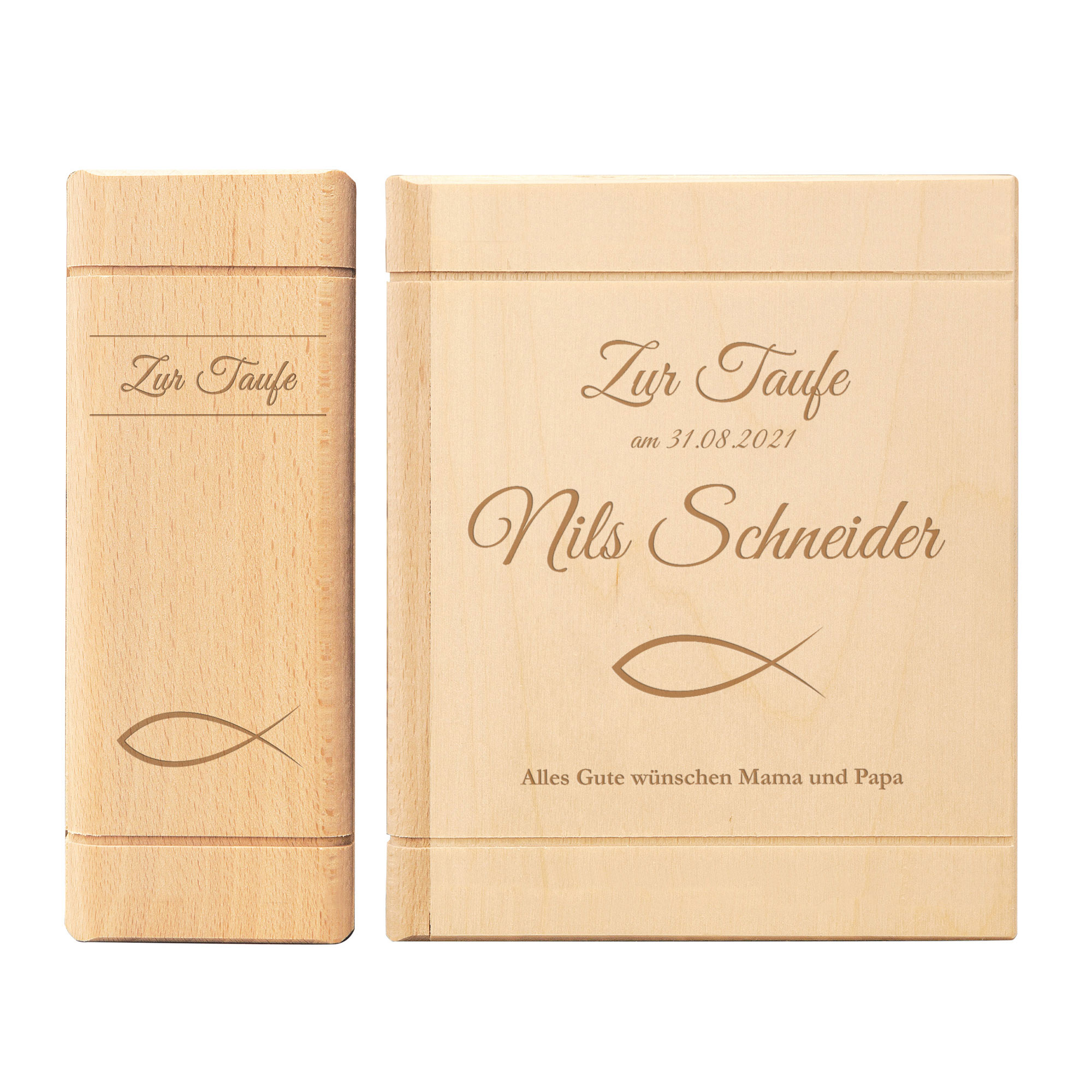 Sparbuch mit Gravur aus Holz zur Taufe