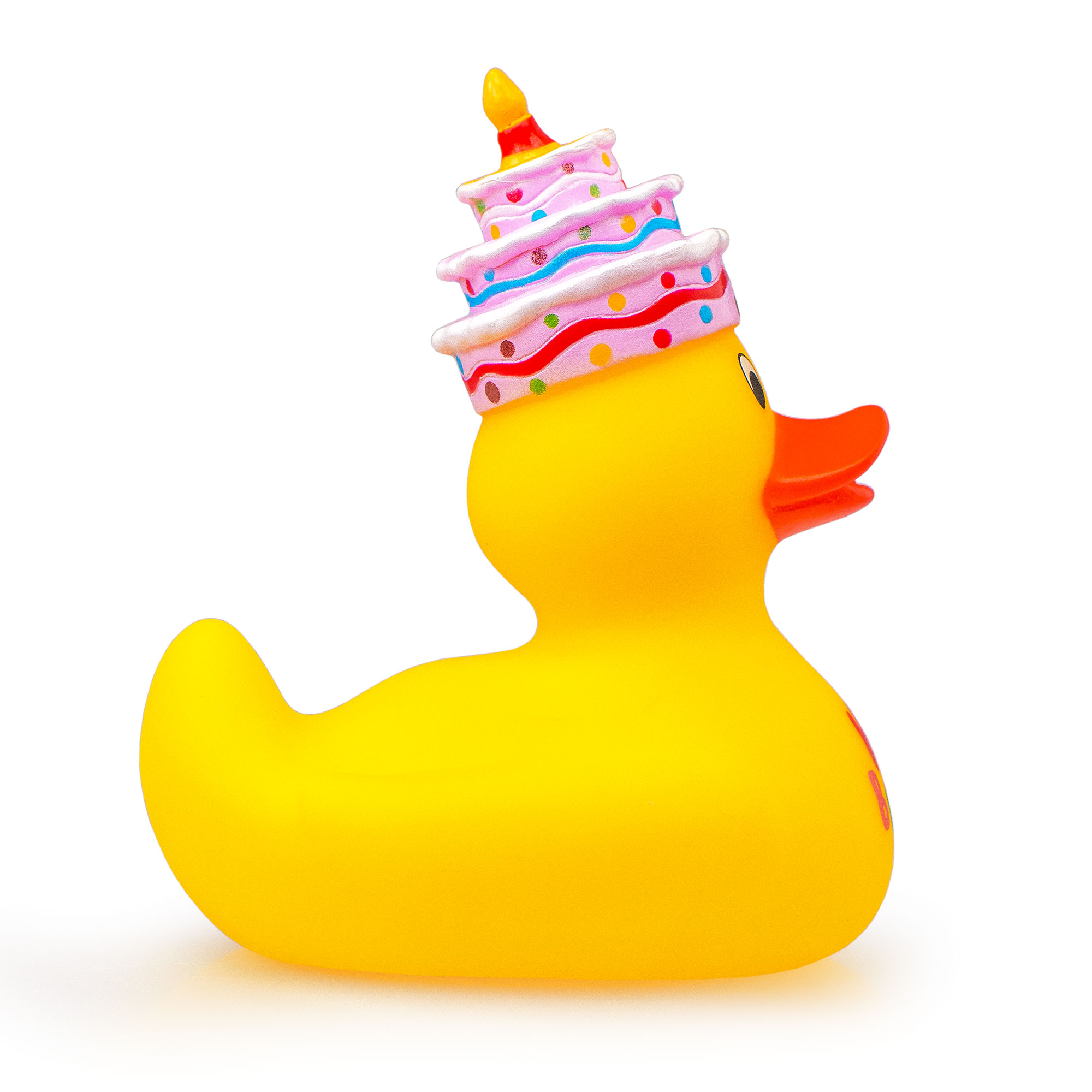 Quietscheente zum Geburtstag, Lustiges Quietscheentchen als Geburtstagsgeschenk, Badeente mit Schriftzug Happy Birthday, Gummiente für die Badewanne