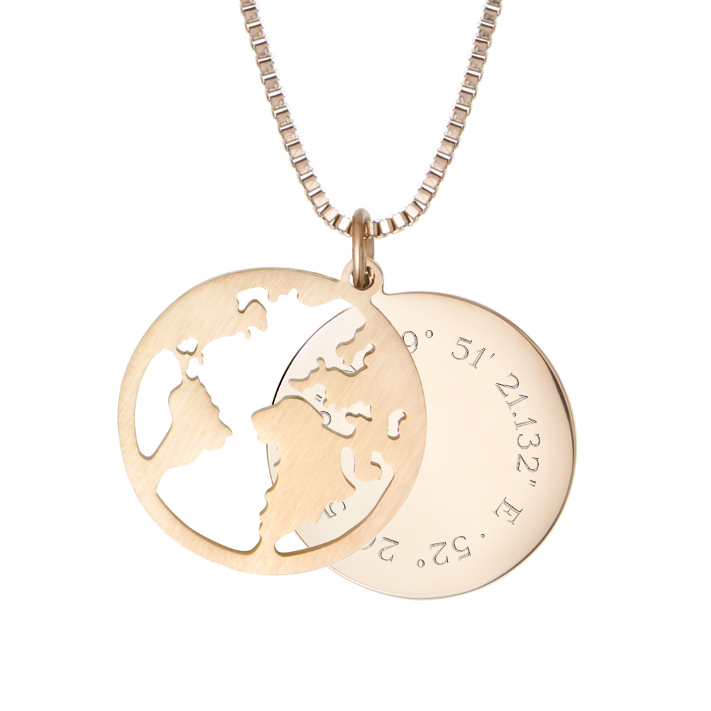 Kette mit Anhänger Welt - Geokoordinaten - Gold