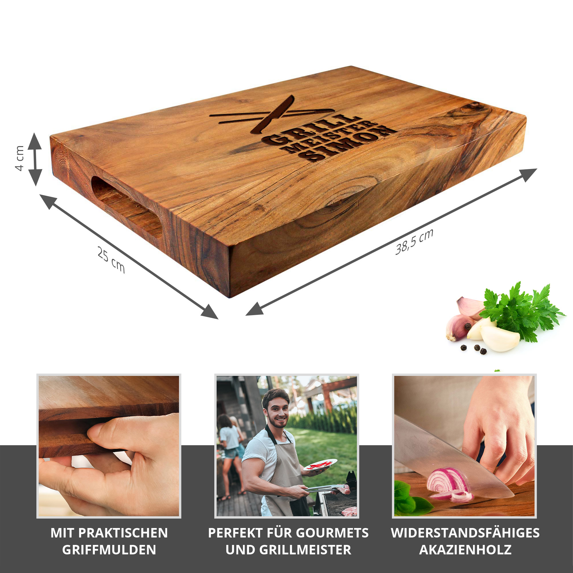 Personalisierter Schneideblock Akazie mit Griffmulden - Grillmeister