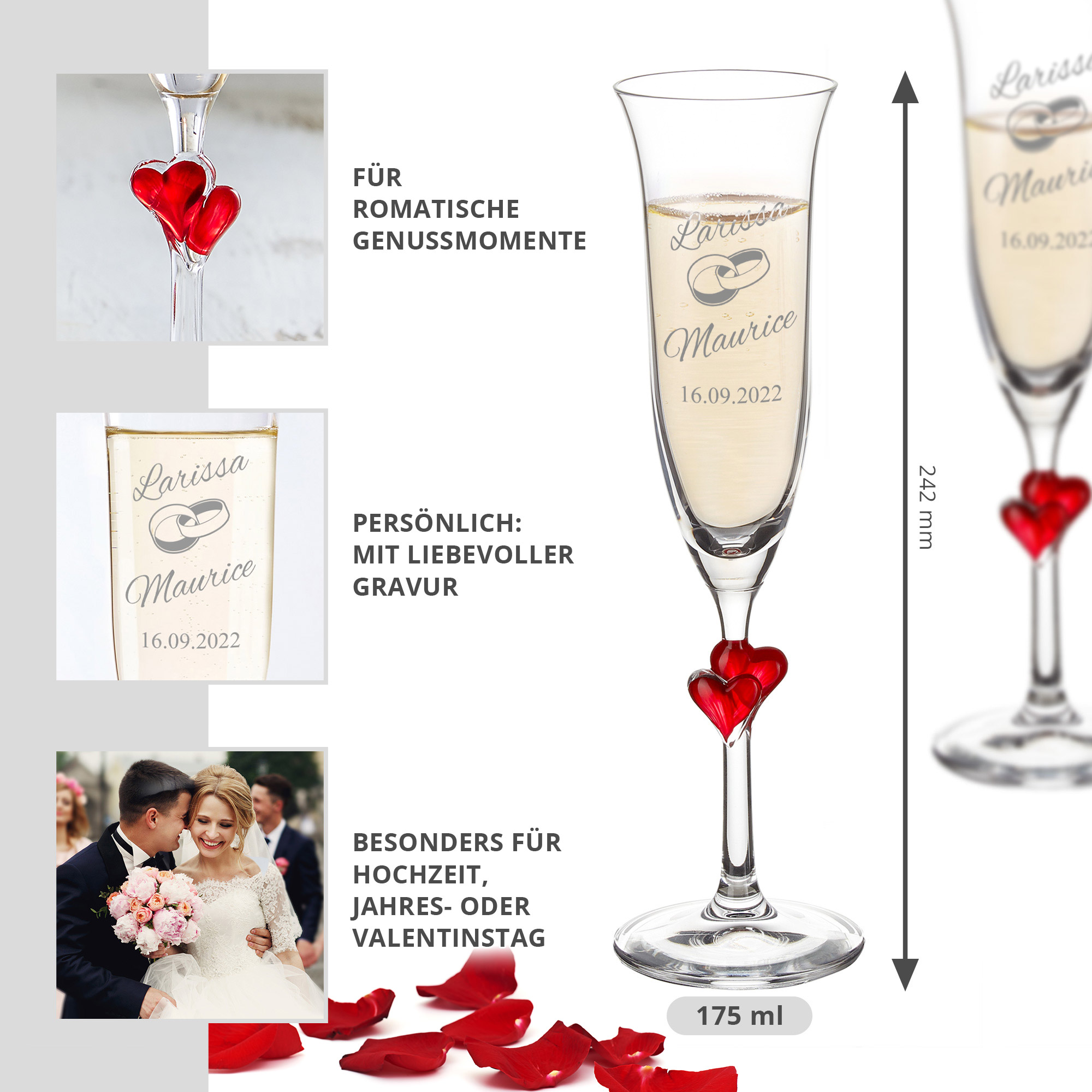 Sektgläser mit Herzen im Stiel zur Hochzeit 1