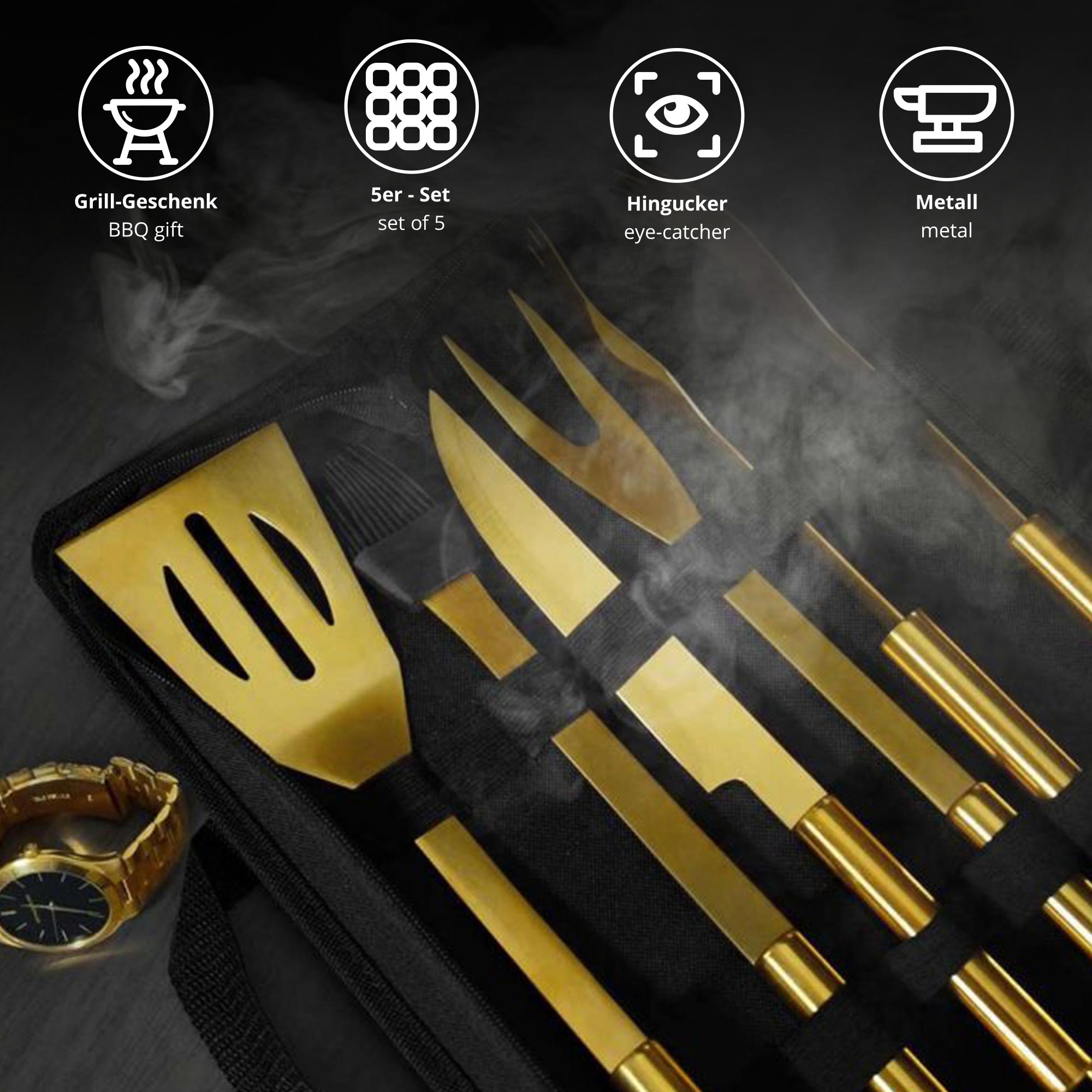 Goldenes Grillbesteck - 5-teiliges Grillset Deluxe
