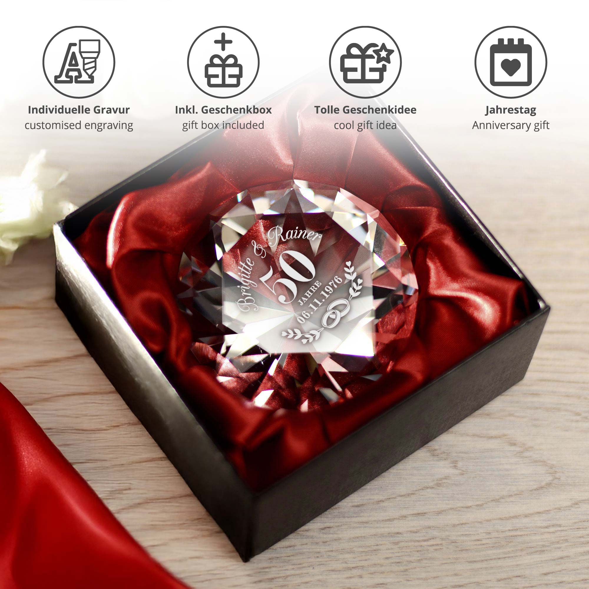 Diamant Kristall mit Gravur - Goldhochzeit
