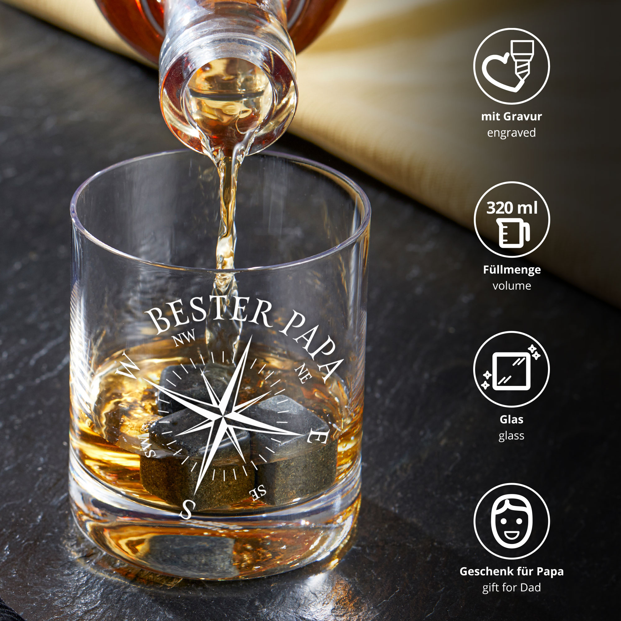 Whiskey Glas mit Gravur, Whisky Geschenk für Papa mit Kompass Motiv, Whisky Zubehör als Vatertagsgeschenk, Graviertes Whisky Glas im Tumbler Stil