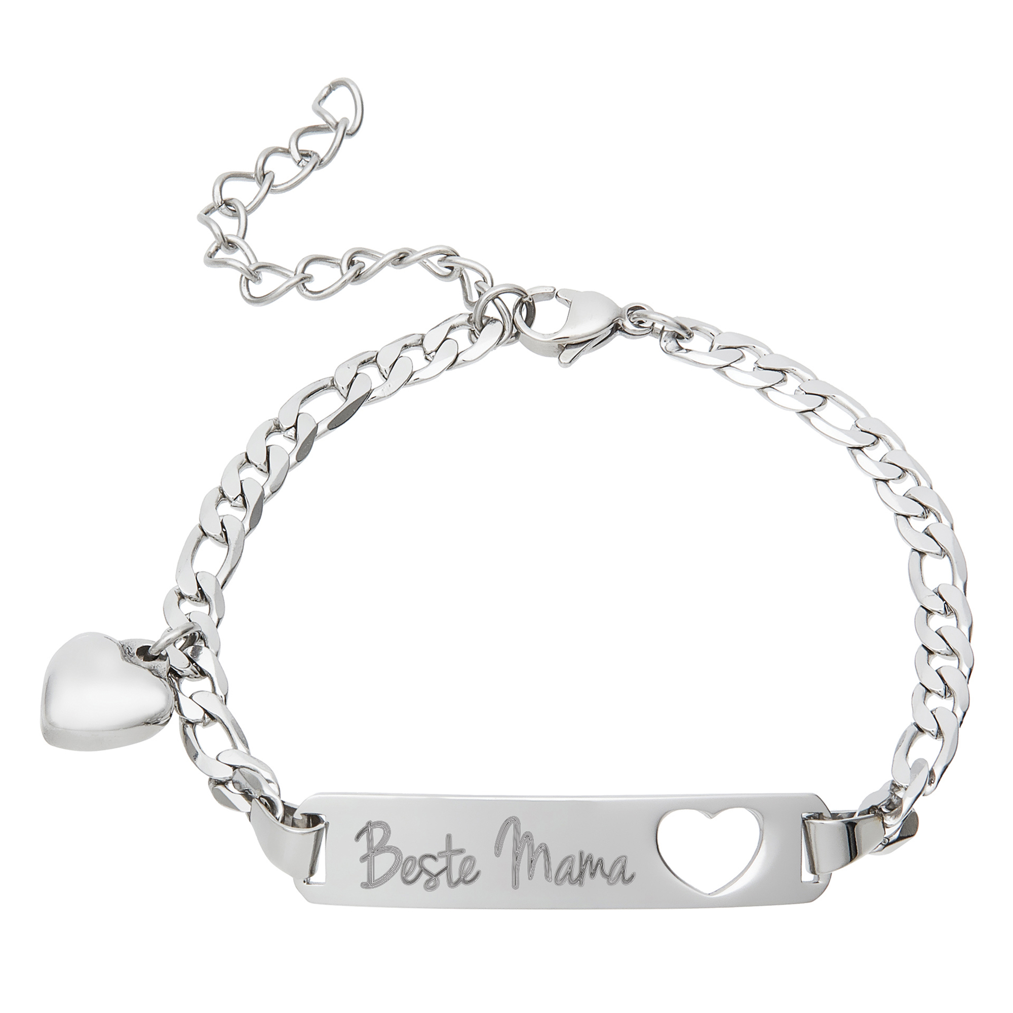 Silber Armband mit Gravur für die Beste Mama, Silbernes Armkettchen aus Edelstahl mit Herz Anhänger, Armschmuck als graviertes Muttertagsgeschenk