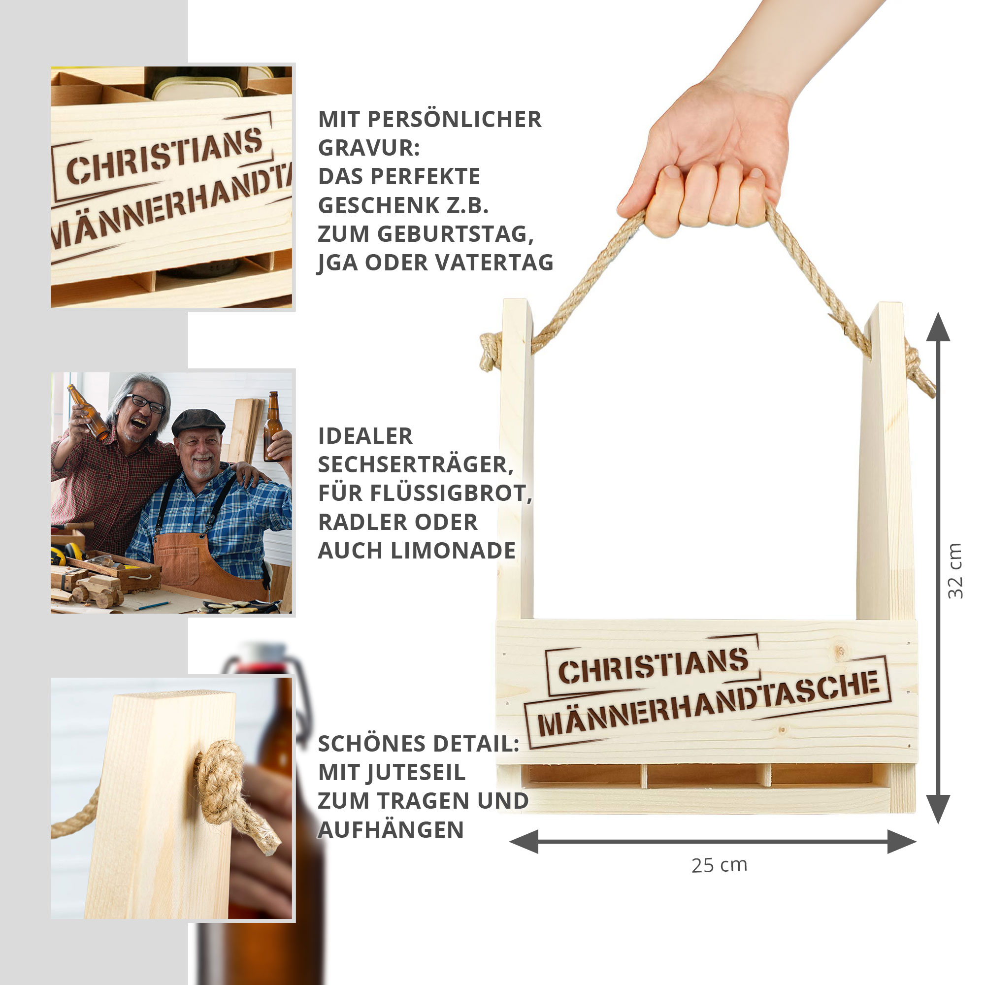 Flaschenträger 6-Fach aus Holz mit Gravur - Männerhandtasche